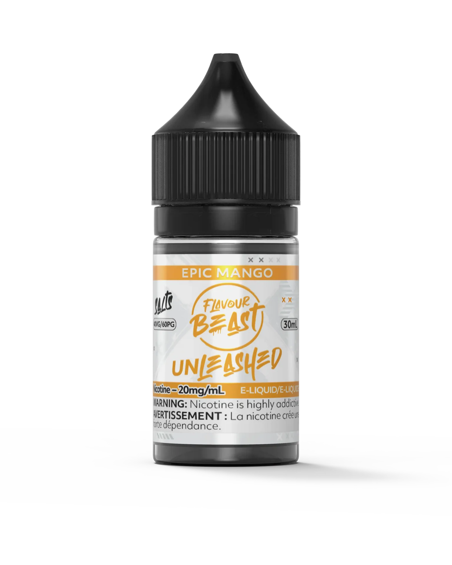 Flavour Beast Unleashed Salt Epic Mango 30ml e-liquid bottle with black cap and orange label.
