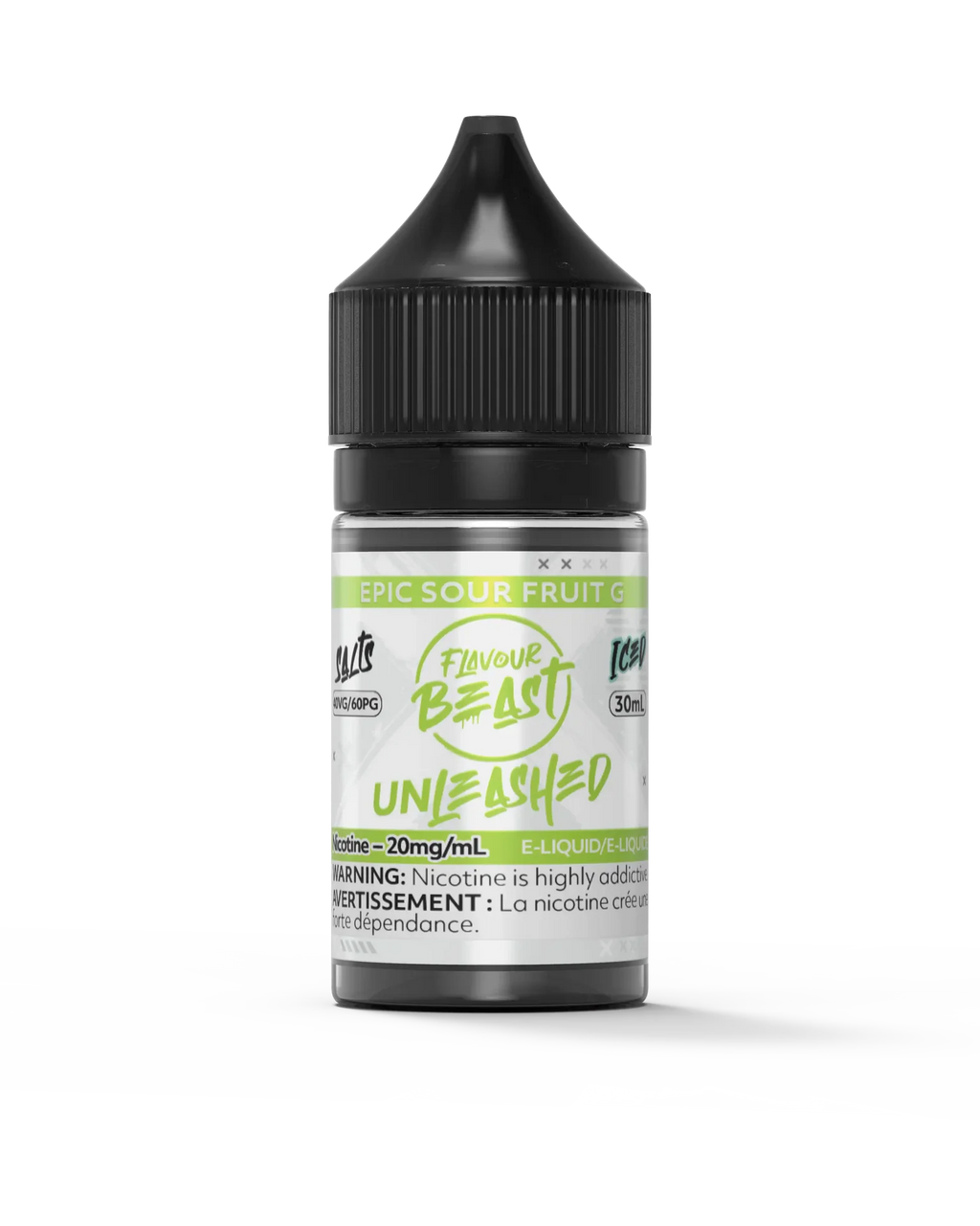 Flavour Beast Unleashed Salt Epic Sour Fruit G e-liquid bottle with black cap, 30ml size.