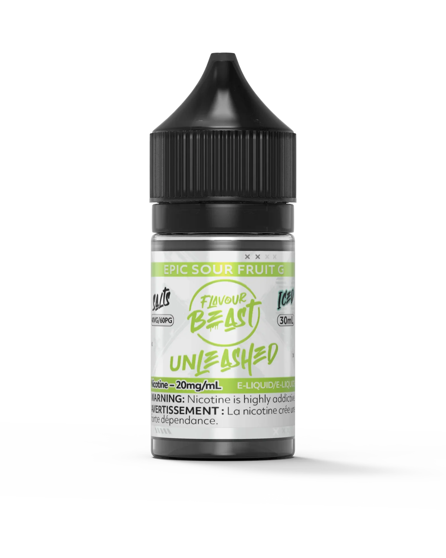Flavour Beast Unleashed Salt Epic Sour Fruit G e-liquid bottle with black cap, 30ml size.