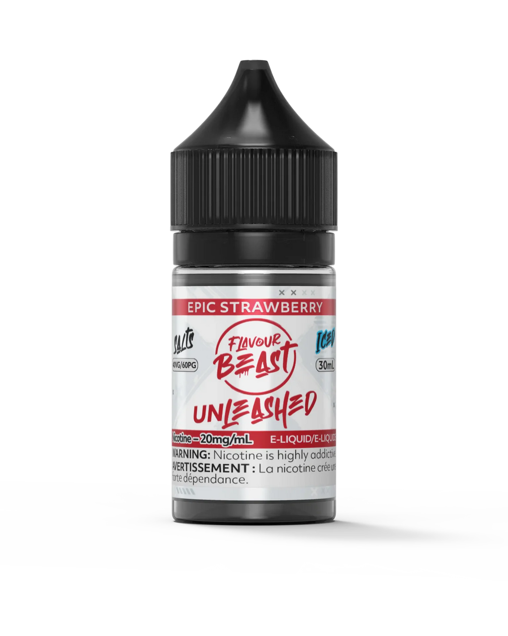 Epic Strawberry Flavour Beast Unleashed Salt 30ml e-liquid bottle with black cap and red label.