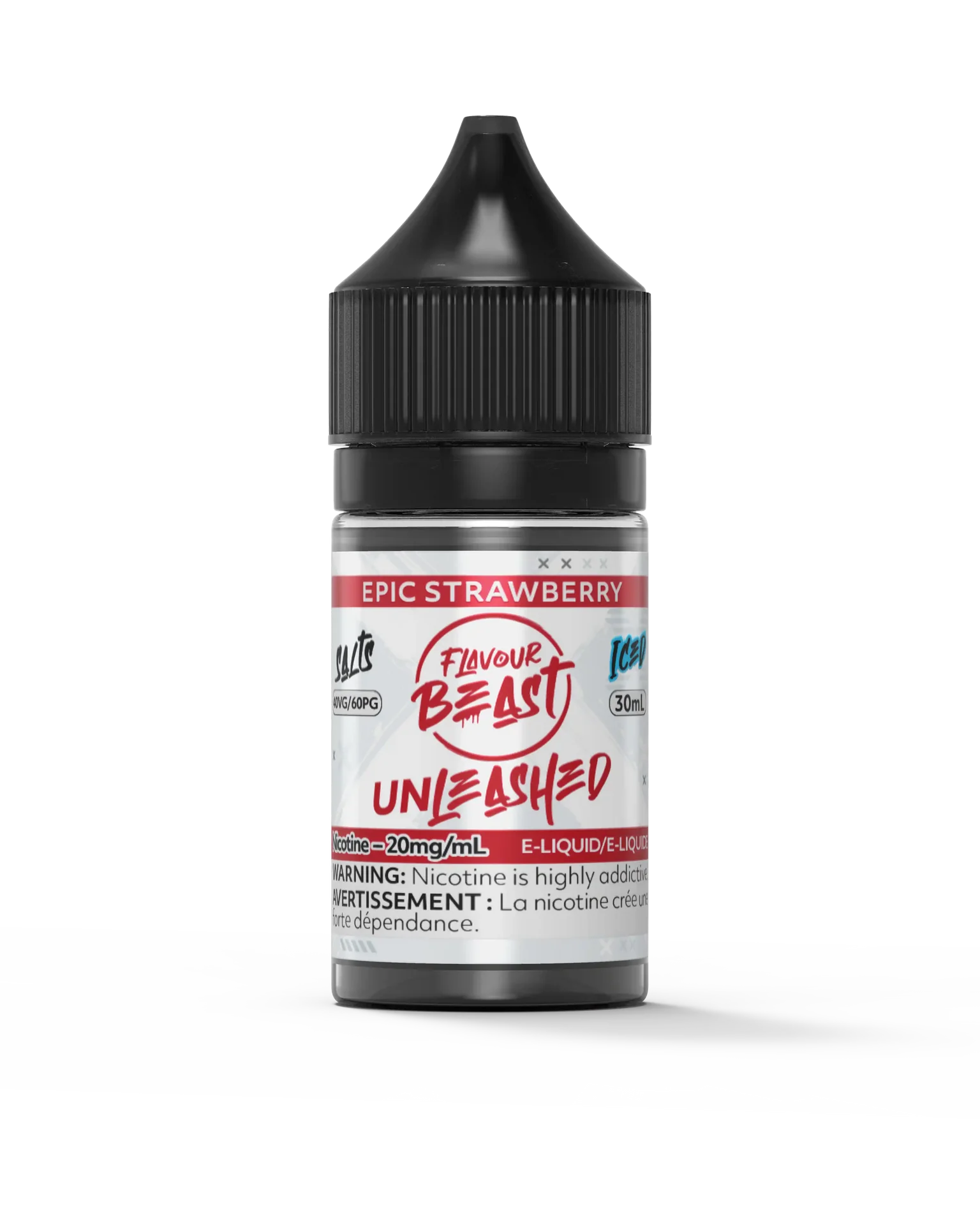 Epic Strawberry Flavour Beast Unleashed Salt 30ml e-liquid bottle with black cap and red label.