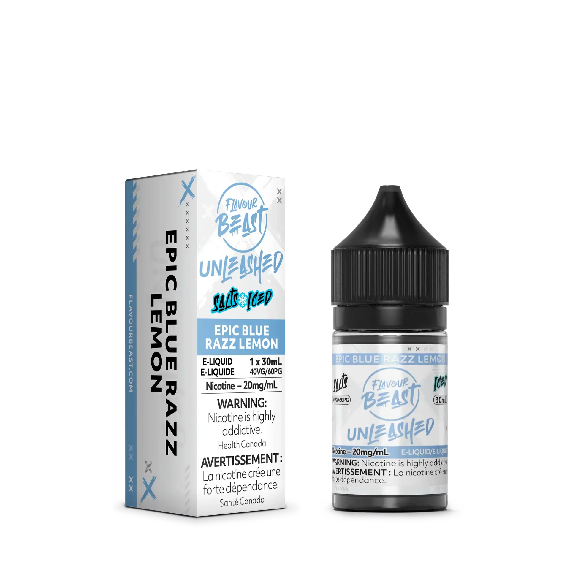 Flavour Beast Unleashed Salt Epic Blue Razz Lemon e-liquid bottle and box.
