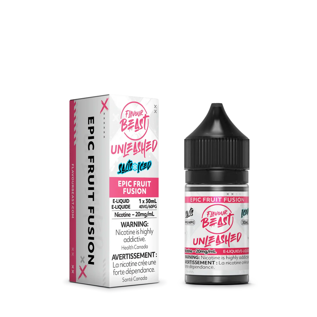 Flavour Beast Unleashed Salt Epic Fruit Fusion e-liquid, 30ml bottle, white and pink box.