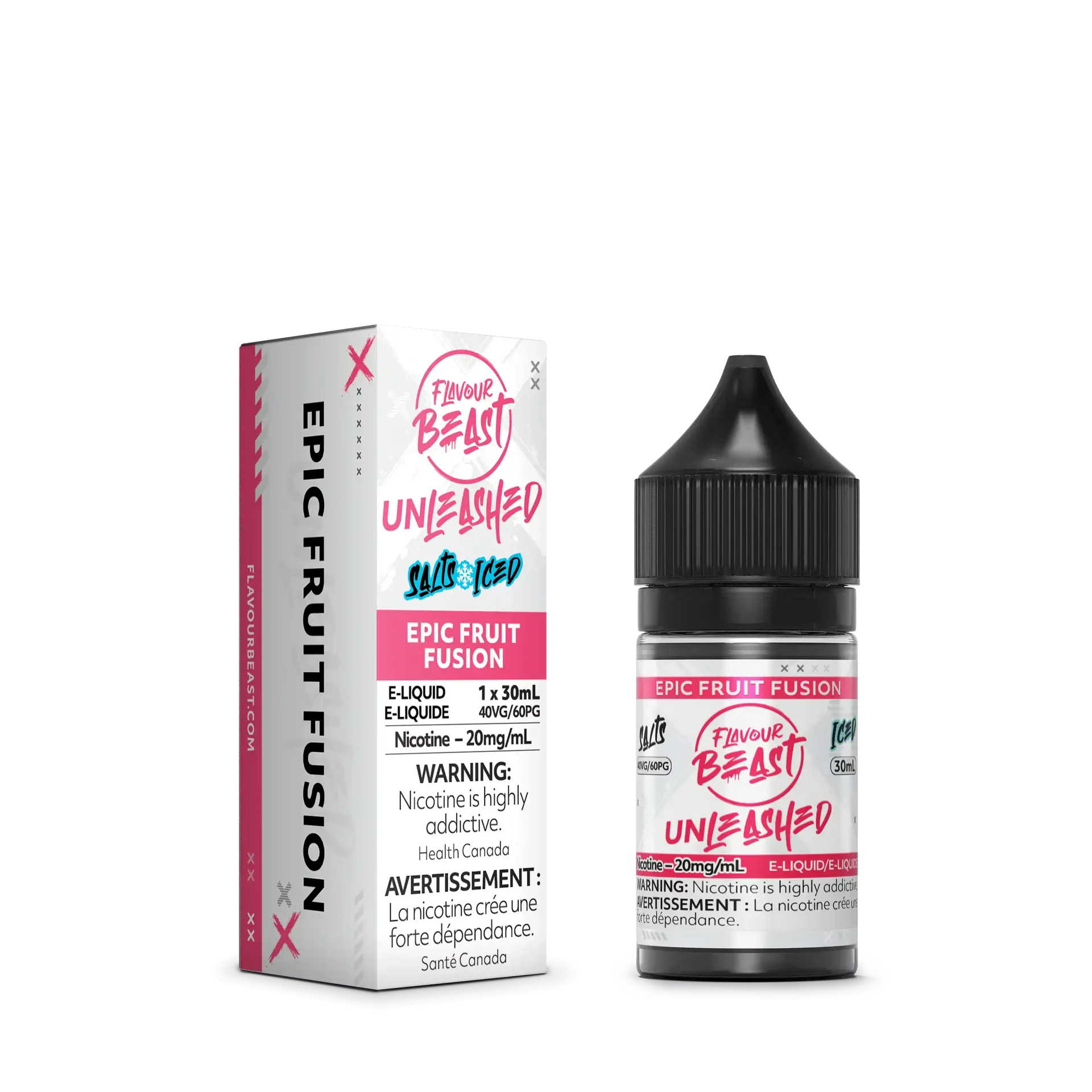 Flavour Beast Unleashed Salt Epic Fruit Fusion e-liquid, 30ml bottle, white and pink box.