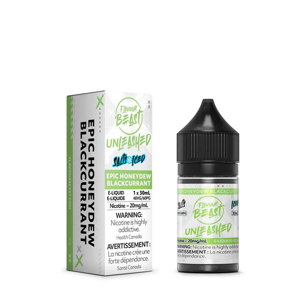 Flavour Beast Unleashed Salt Epic Honeydew Blackcurrant 30ml e-liquid bottle and white box with green accents.
