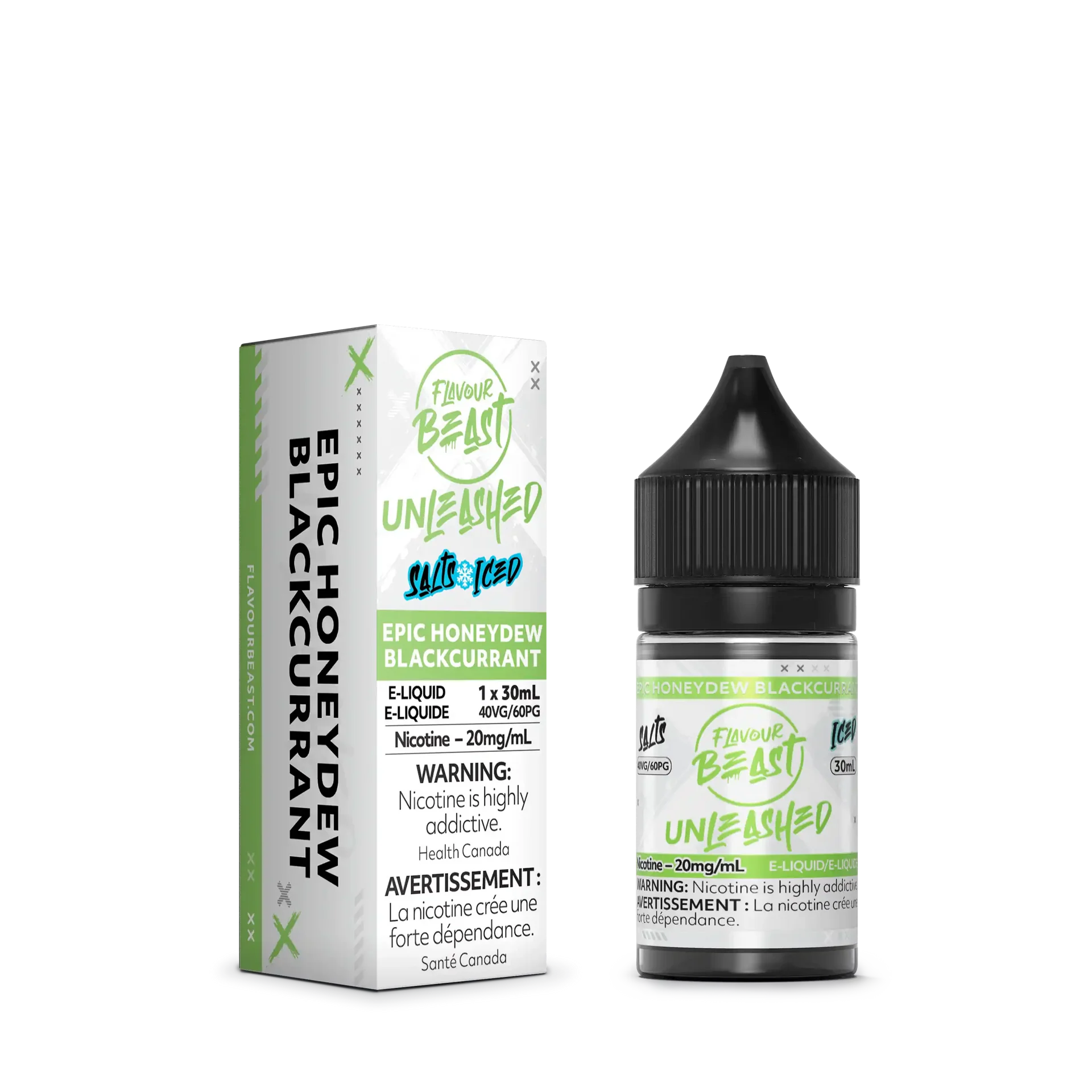 Flavour Beast Unleashed Salt Epic Honeydew Blackcurrant 30ml e-liquid bottle and white box with green accents.