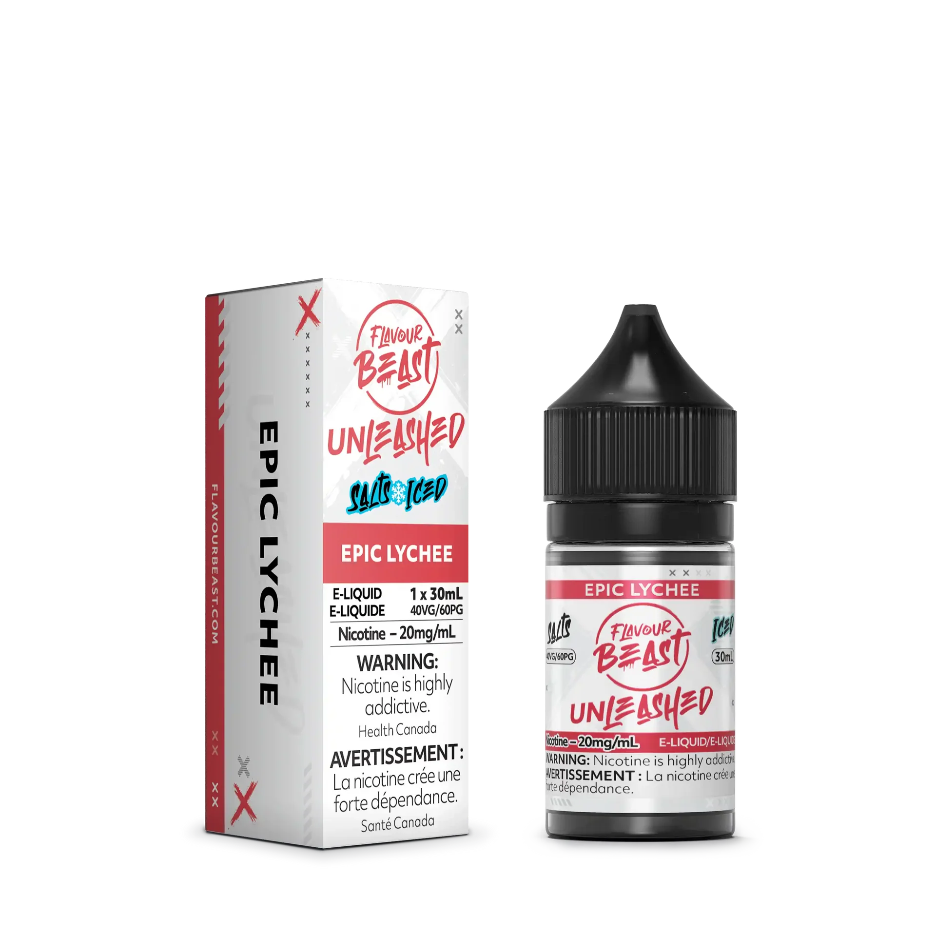 White and red Flavour Beast Unleashed Salt Epic Lychee 30ml e-liquid bottle and matching box.