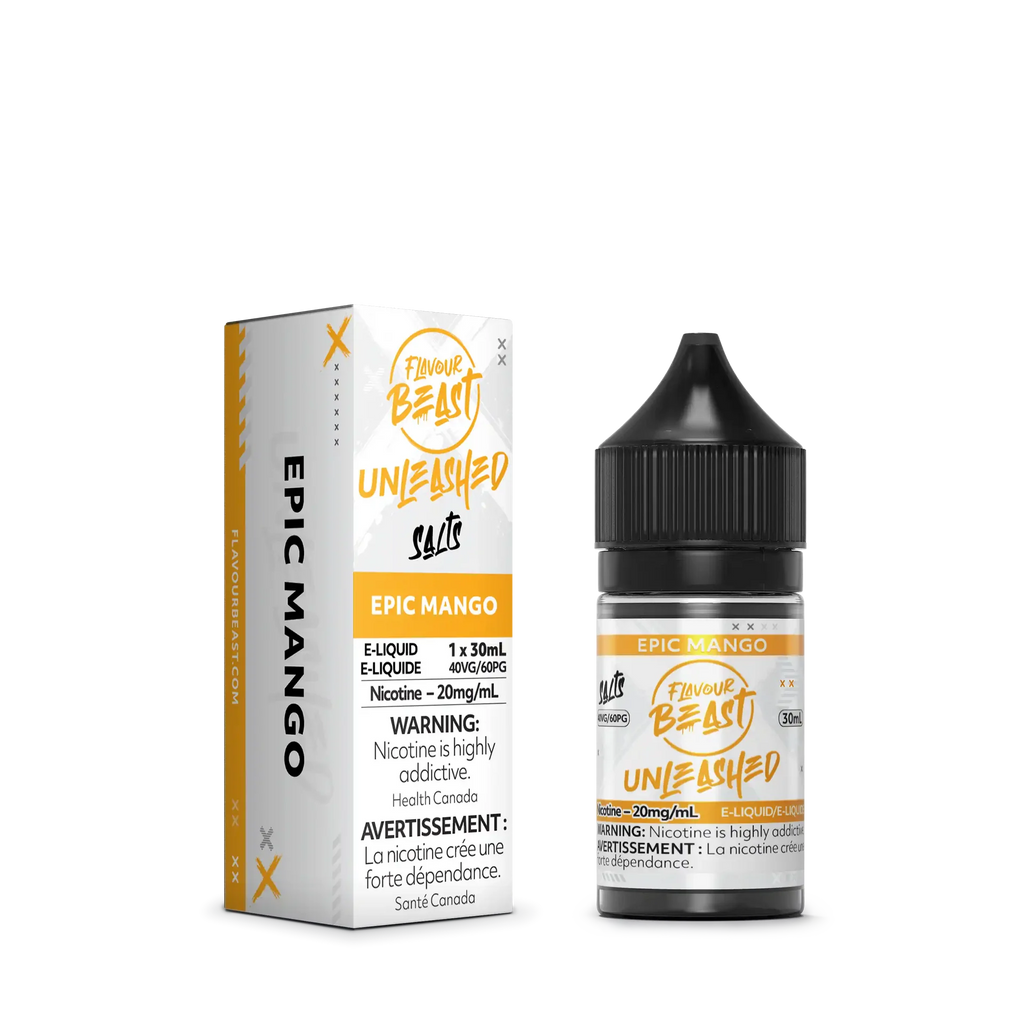 White and orange Flavour Beast Unleashed Salt Epic Mango 30ml e-liquid bottle and matching box.