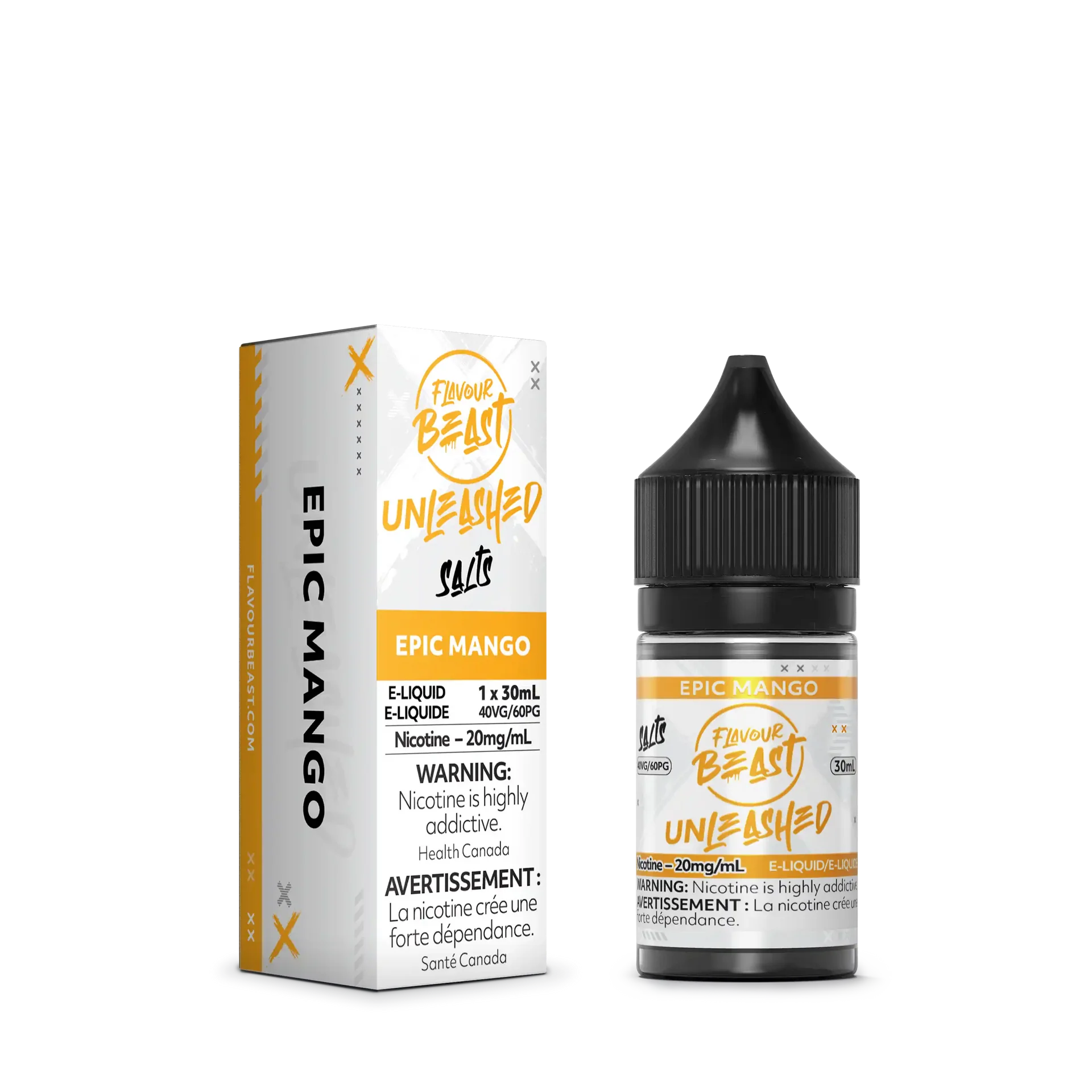 White and orange Flavour Beast Unleashed Salt Epic Mango 30ml e-liquid bottle and matching box.
