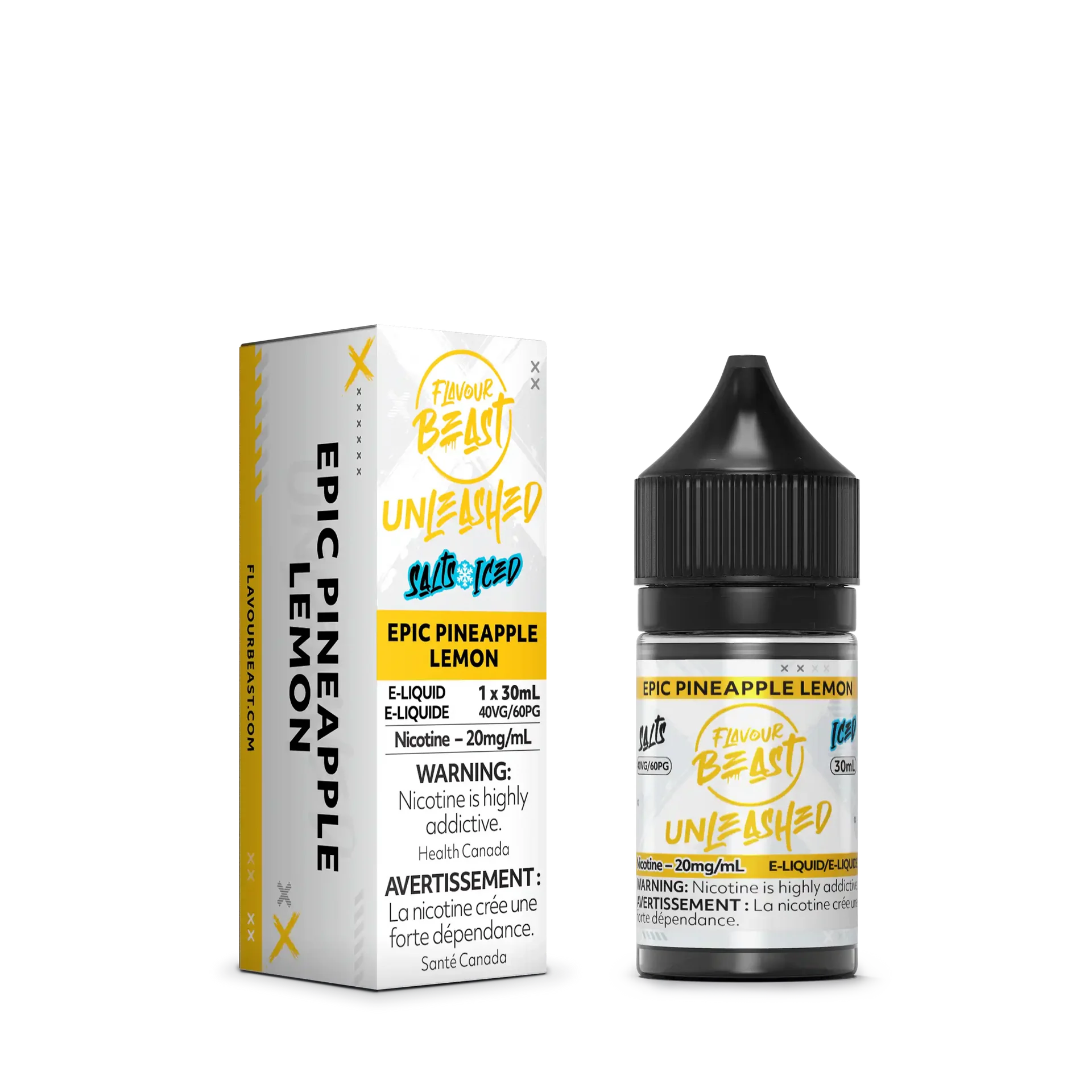 Flavour Beast Unleashed Epic Pineapple Lemon e-liquid box and 30ml black bottle with yellow and white labels.
