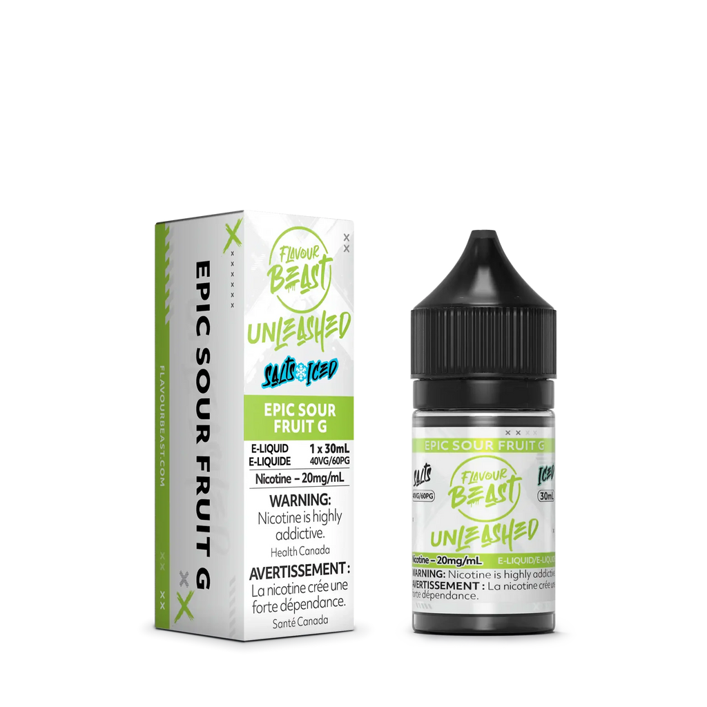 Flavour Beast Unleashed Salt Epic Sour Fruit G 30ml vape juice bottle and white box with green accents.