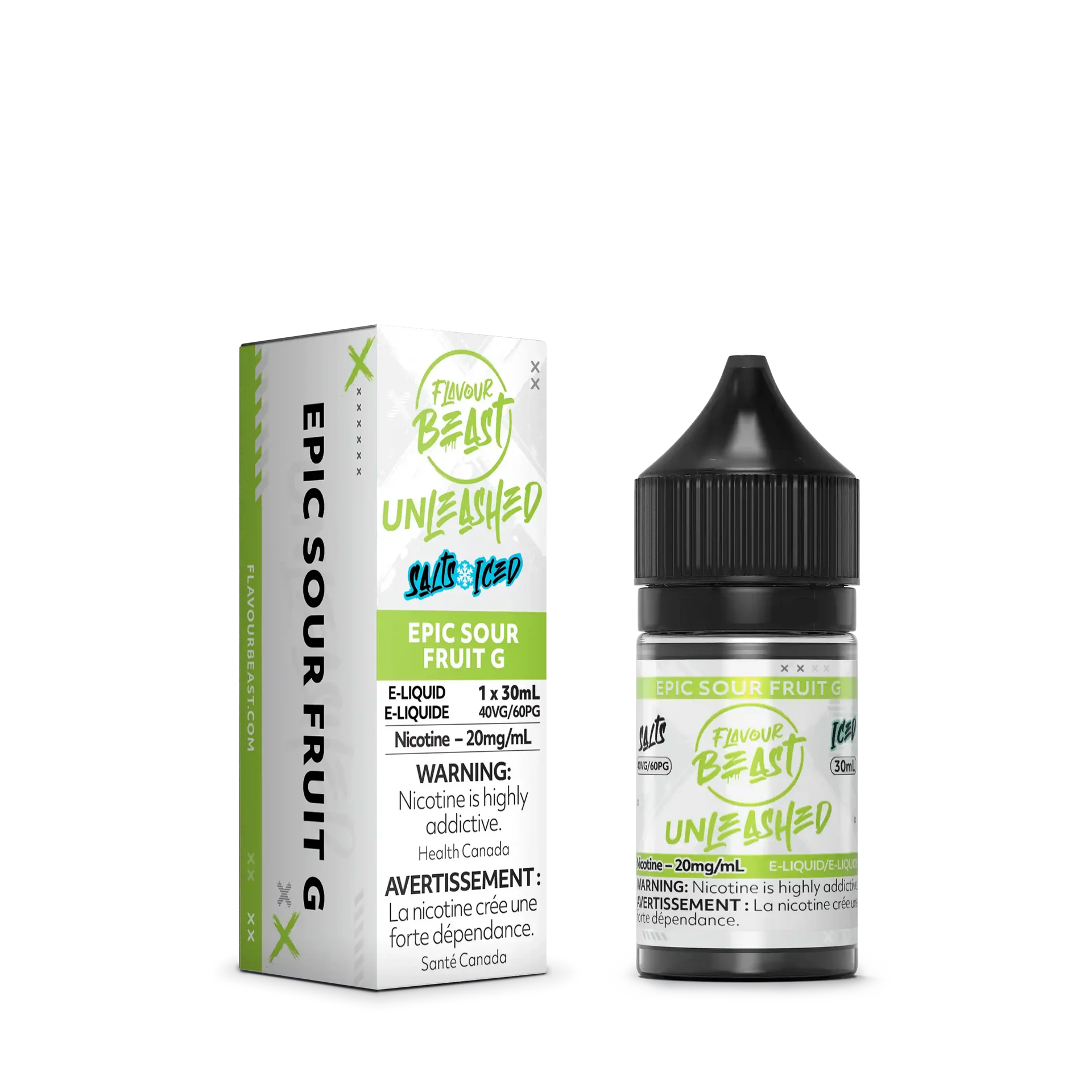 Flavour Beast Unleashed Salt Epic Sour Fruit G 30ml vape juice bottle and white box with green accents.