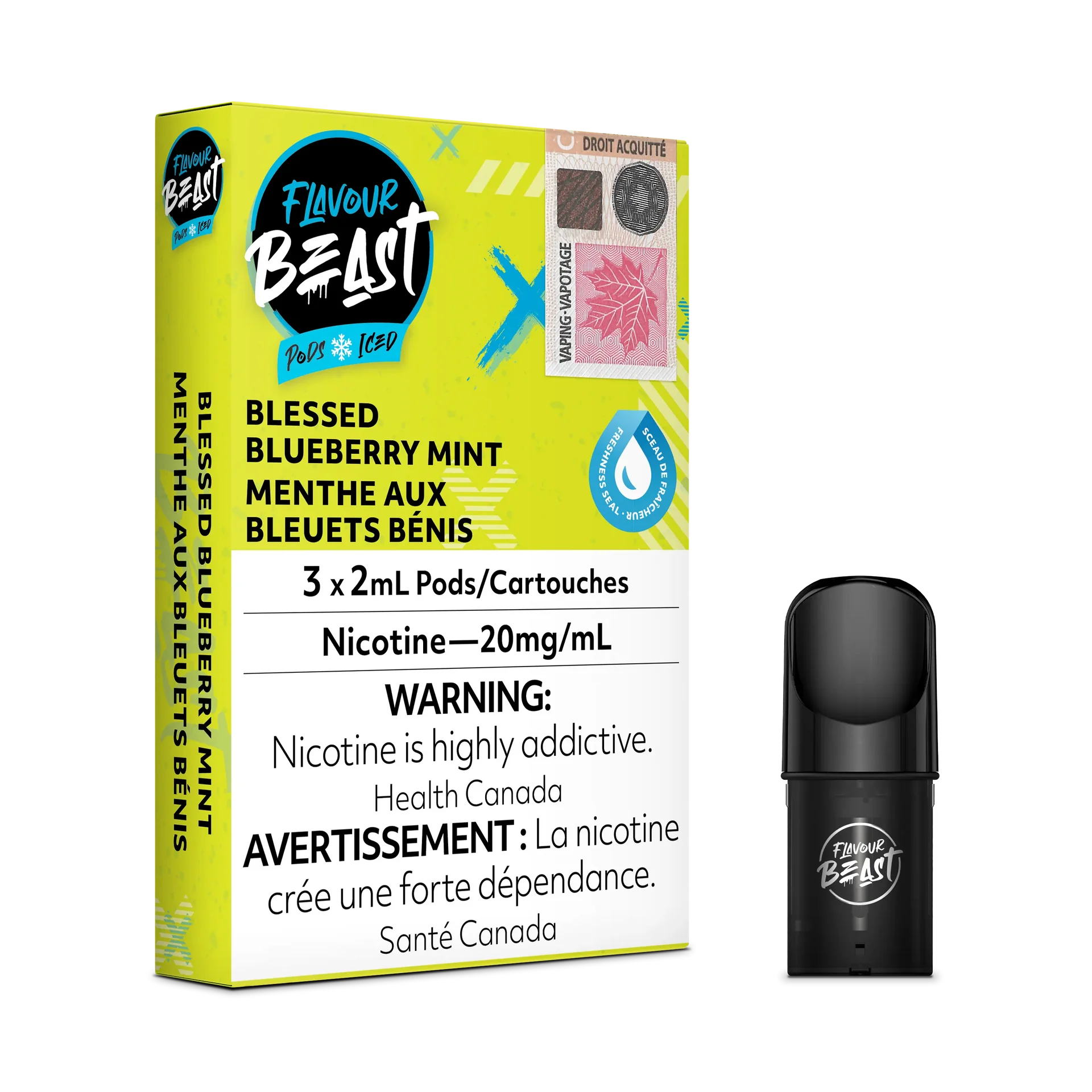 Flavour Beast Flow Pods in Blessed Blueberry Mint Iced, a yellow and white box with a black pod.