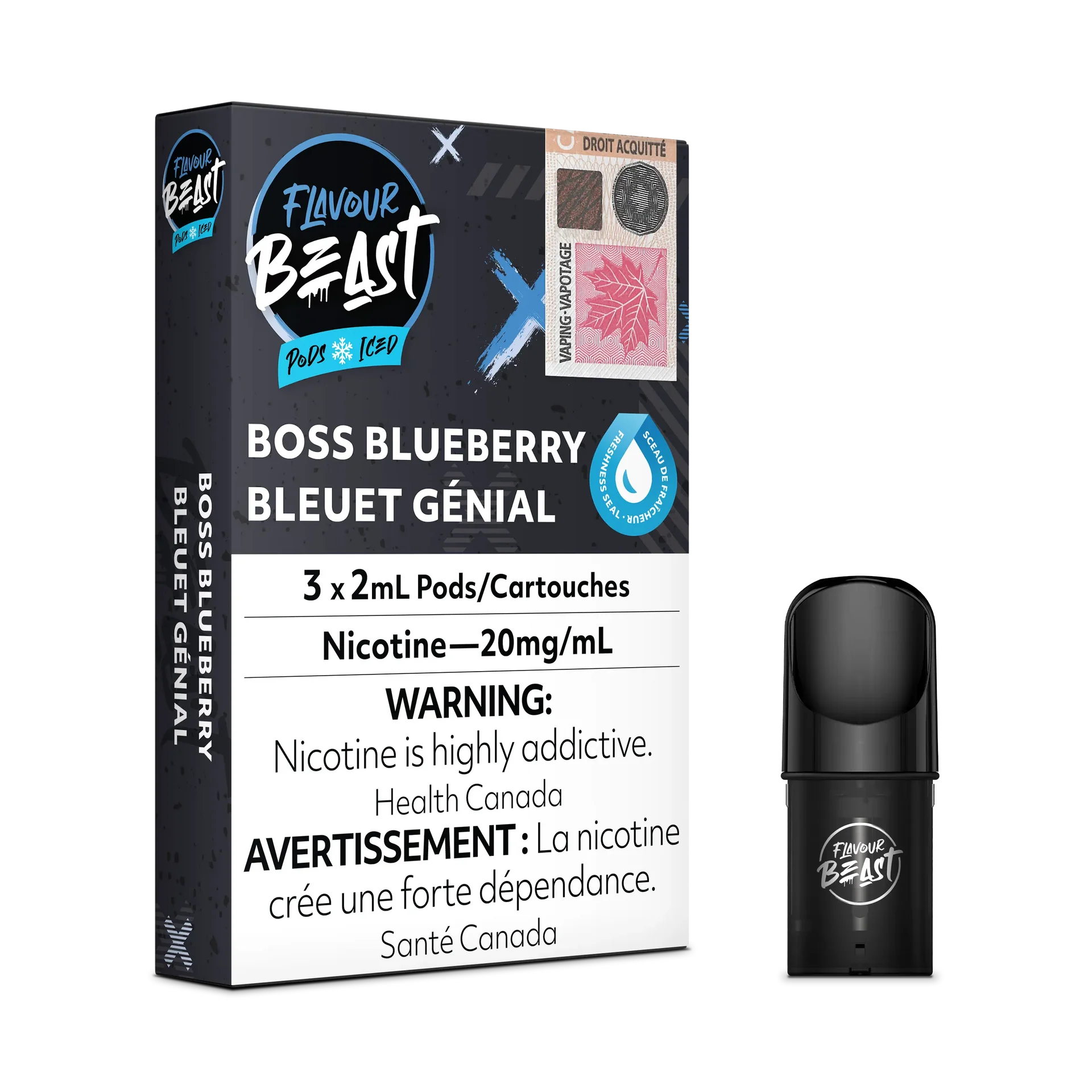 Flavour Beast Flow Pods, Boss Blueberry Iced, 3-pack, 20mg/mL nicotine, with a single black pod.