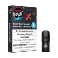 Flavour Beast Flow Pods Ragin' Razz Mango Iced 3-pack with a single black pod, 20mg/mL nicotine.