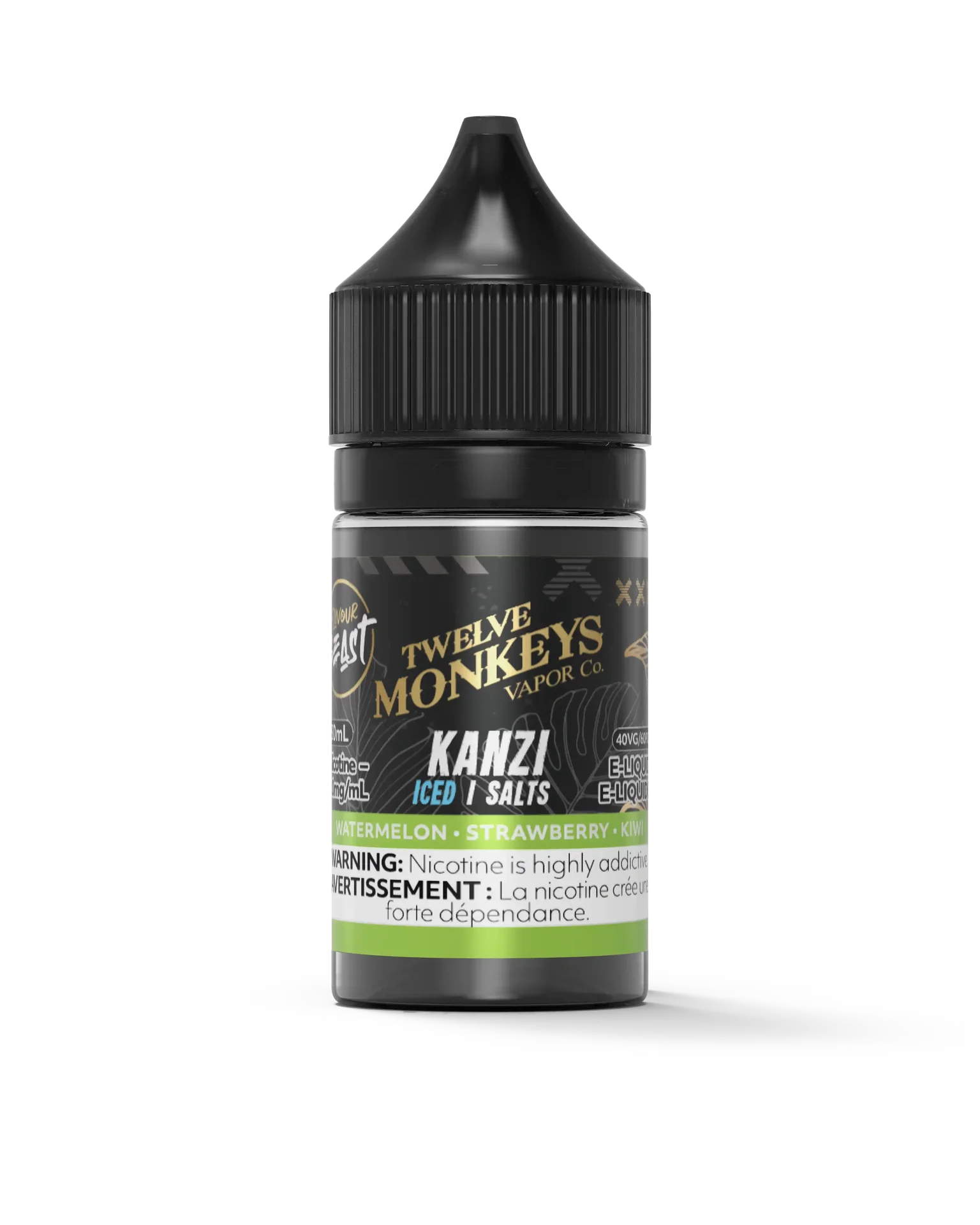 Kanzi Iced Salt Nicotine E-Liquid by Twelve Monkeys x Flavour Beast, 30mL bottle with black cap and green label.