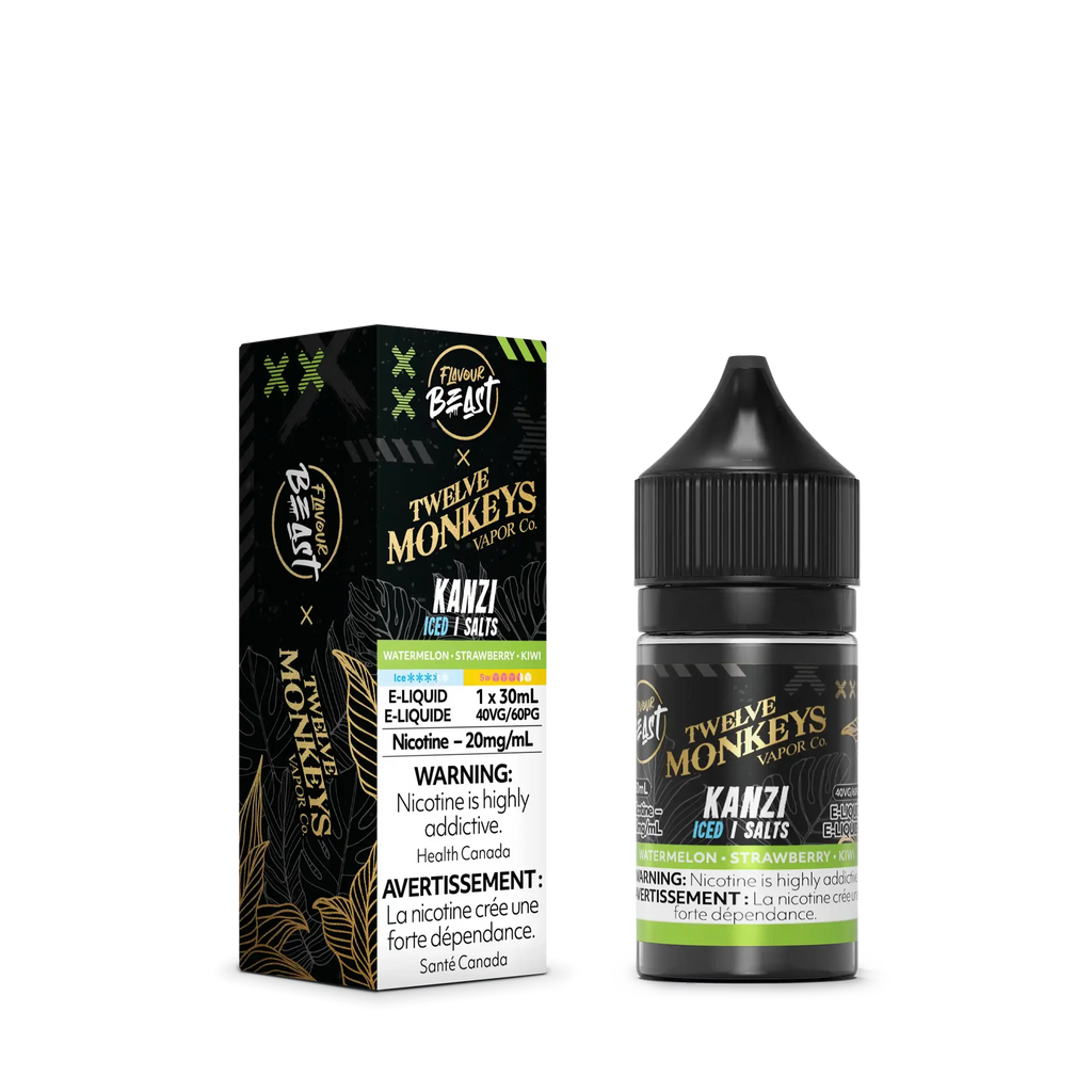 Kanzi Iced by Twelve Monkeys x Flavour Beast Salt e-liquid bottle and box, black and gold design.