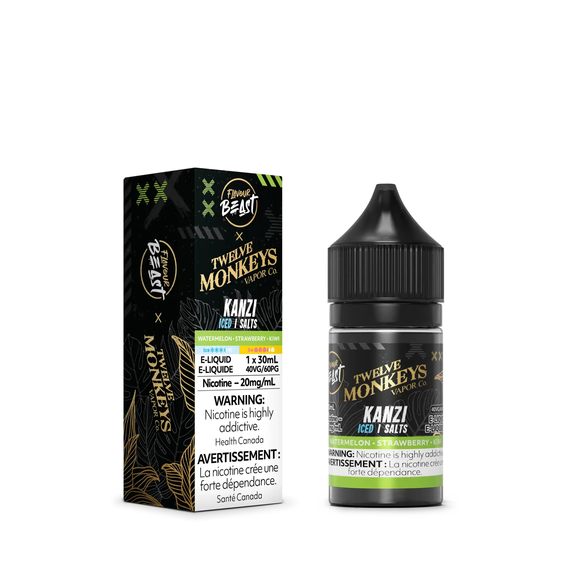 Kanzi Iced by Twelve Monkeys x Flavour Beast Salt e-liquid bottle and box, black and gold design.