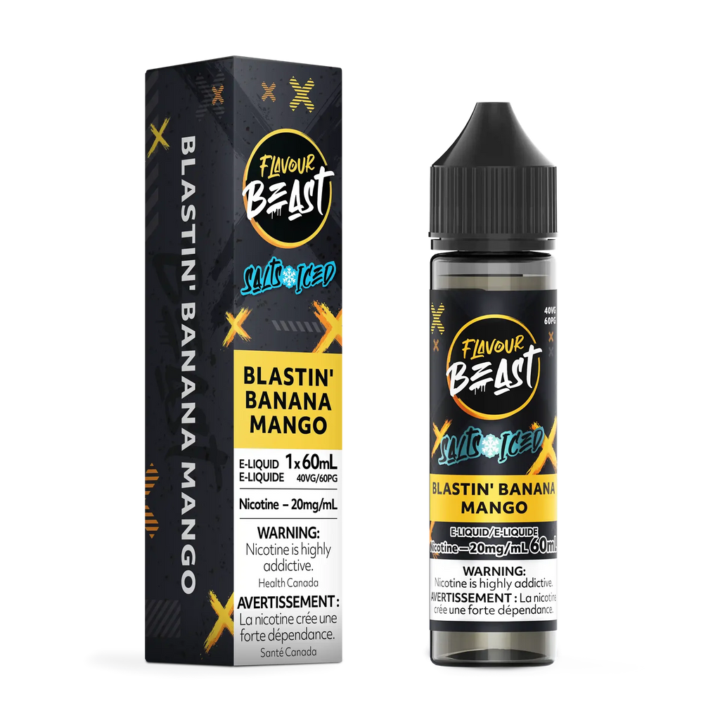 Flavour Beast Salt Blastin' Banana Mango Iced e-liquid bottle and matching black and yellow box.