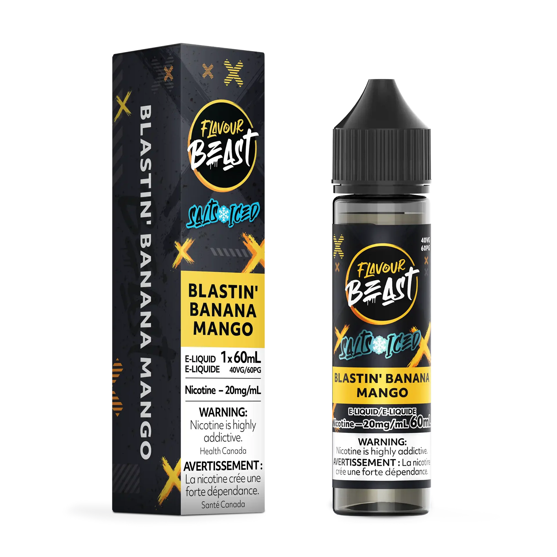 Flavour Beast Salt Blastin' Banana Mango Iced e-liquid bottle and matching black and yellow box.