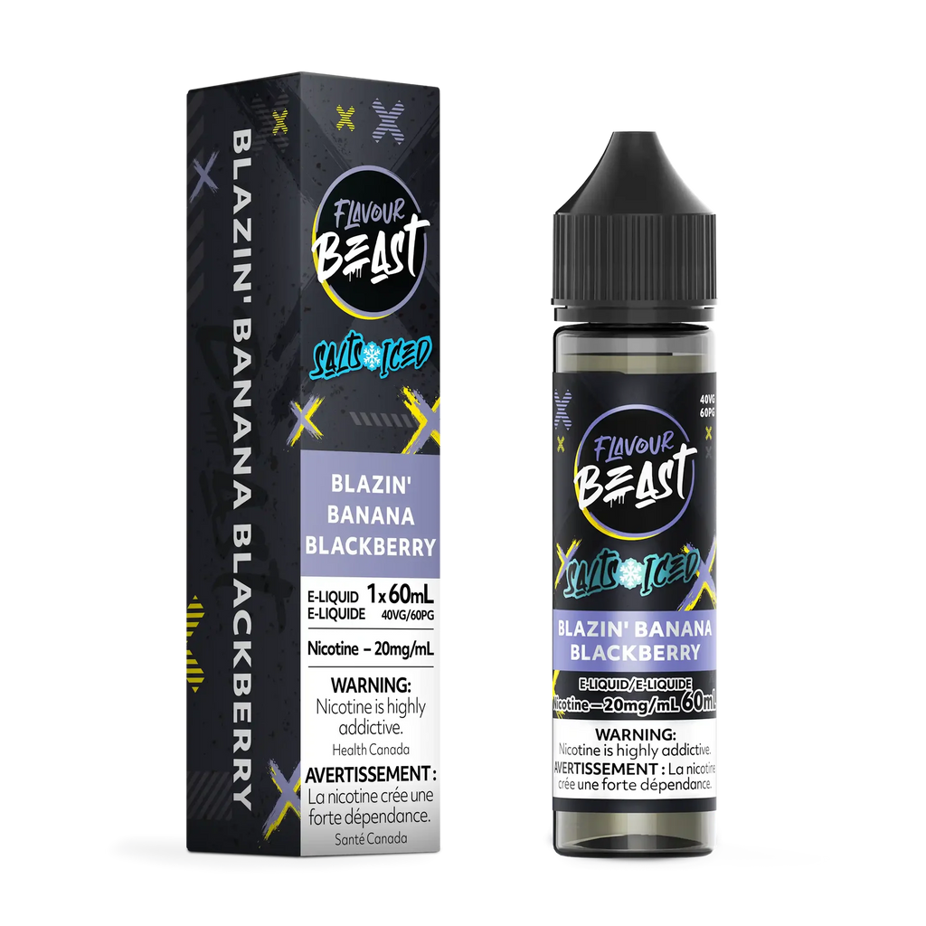 Flavour Beast Salt Blazin' Banana Blackberry Iced 30mL e-liquid bottle and matching box, black with purple accents.