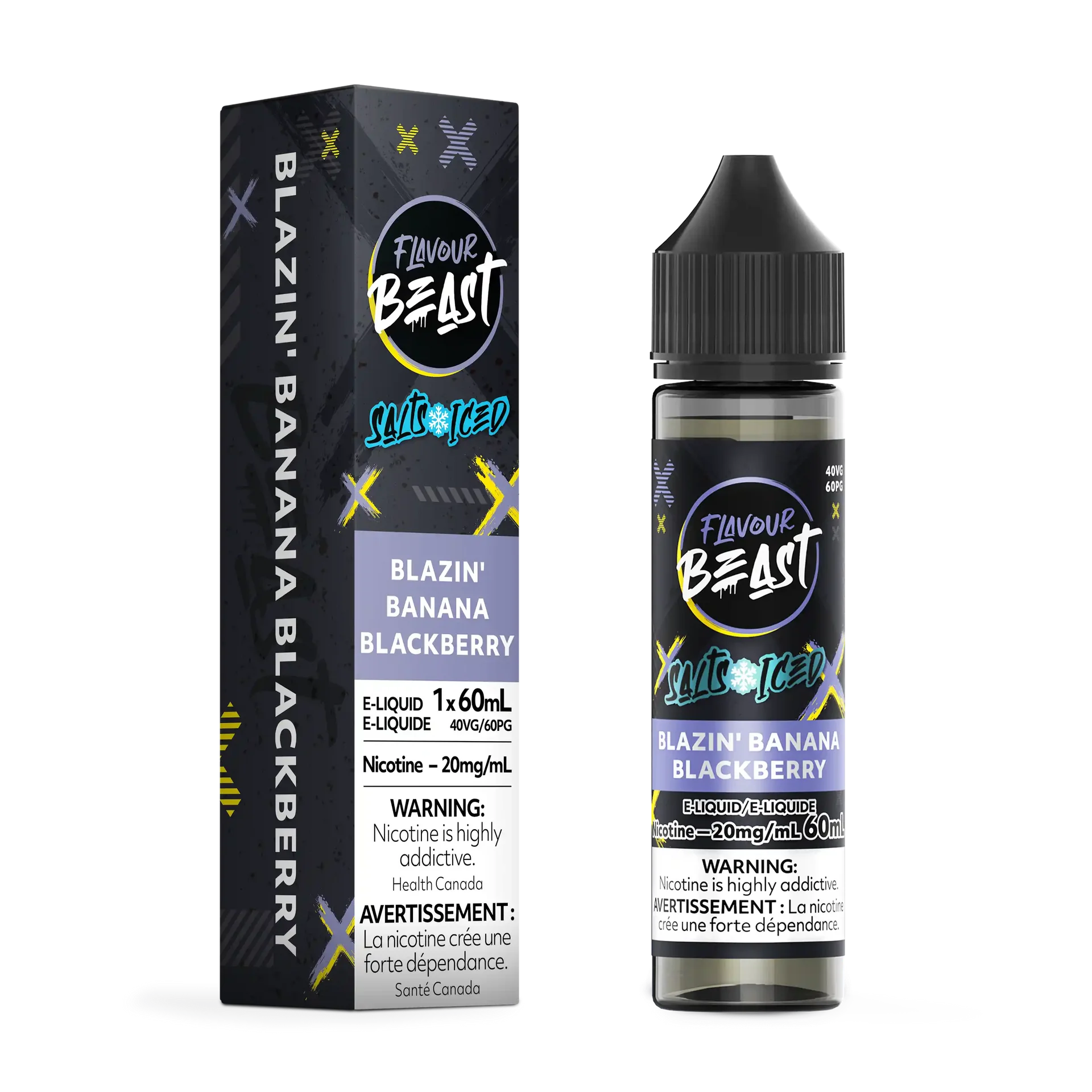 Flavour Beast Salt Blazin' Banana Blackberry Iced 30mL e-liquid bottle and matching box, black with purple accents.