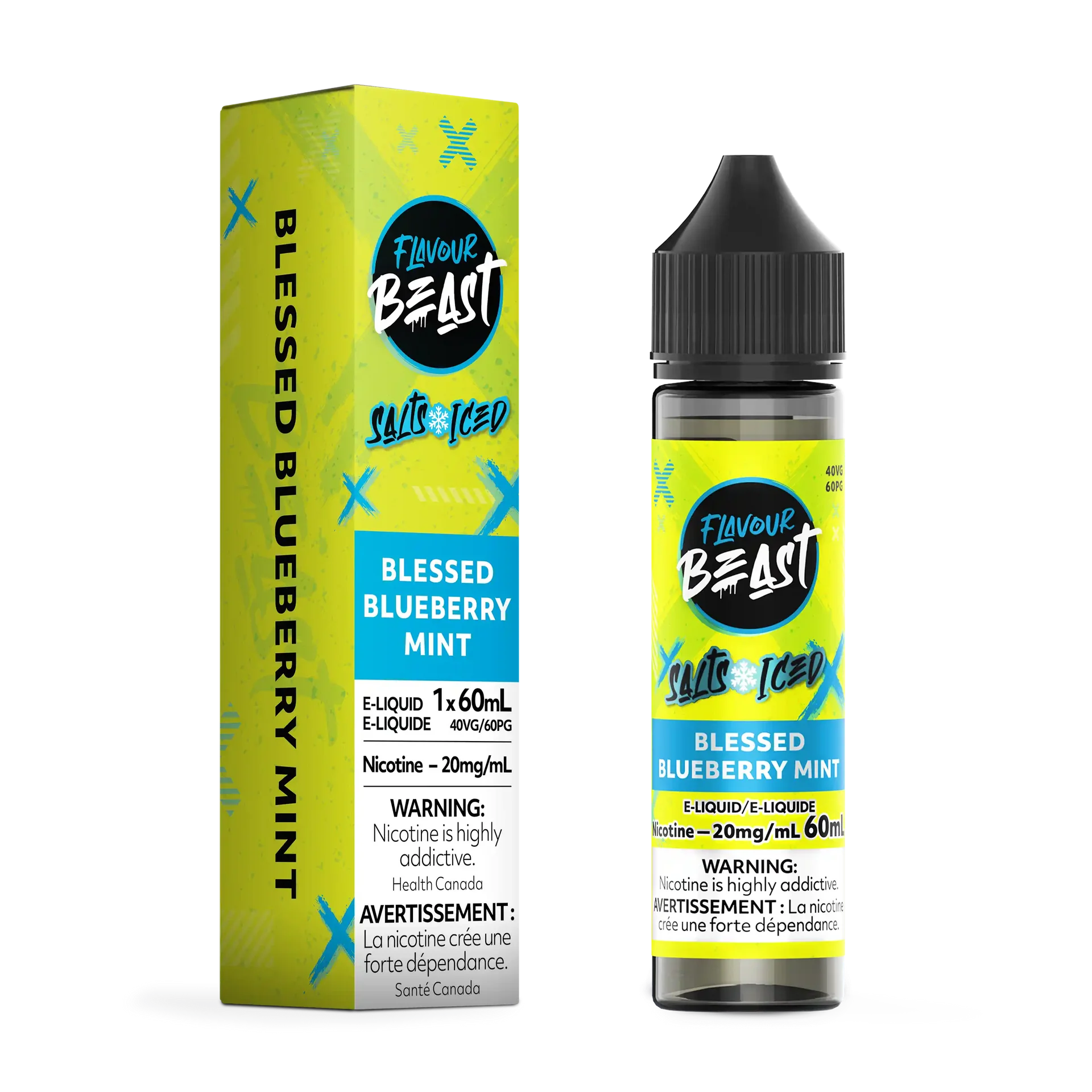 Flavour Beast Salt Blessed Blueberry Mint Iced e-liquid bottle and matching green and blue box.