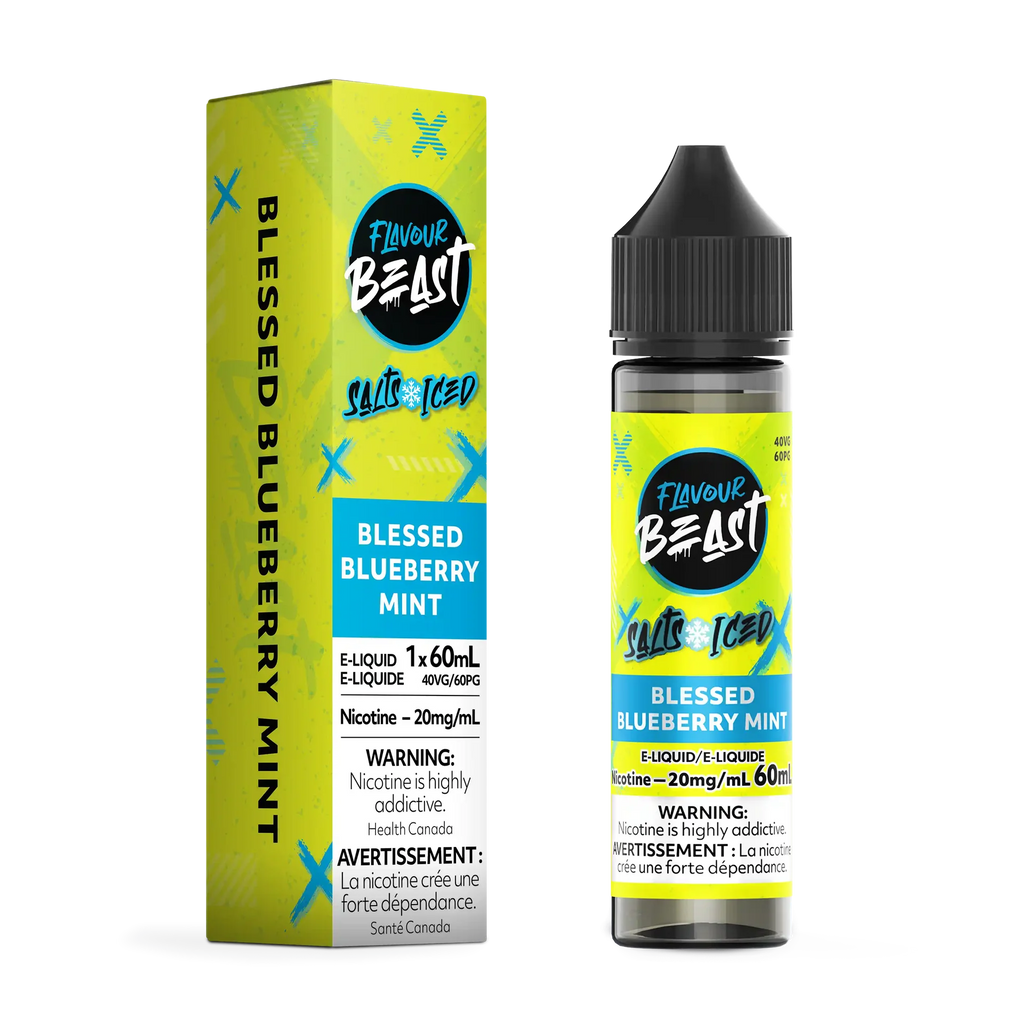 Flavour Beast Salt Blessed Blueberry Mint Iced e-liquid bottle and matching green and blue box.
