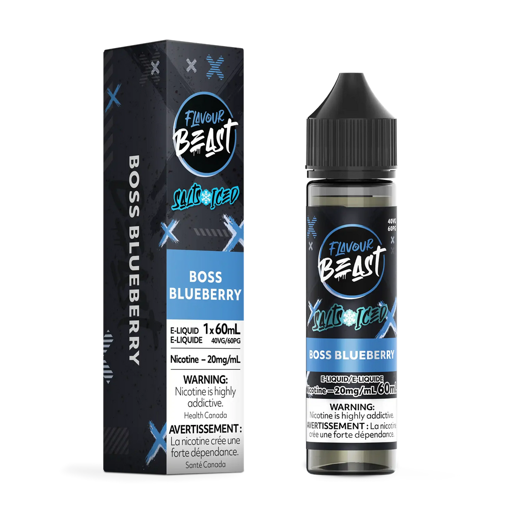 Flavour Beast Salt Boss Blueberry Iced e-liquid bottle and matching dark blue box with light blue accents.