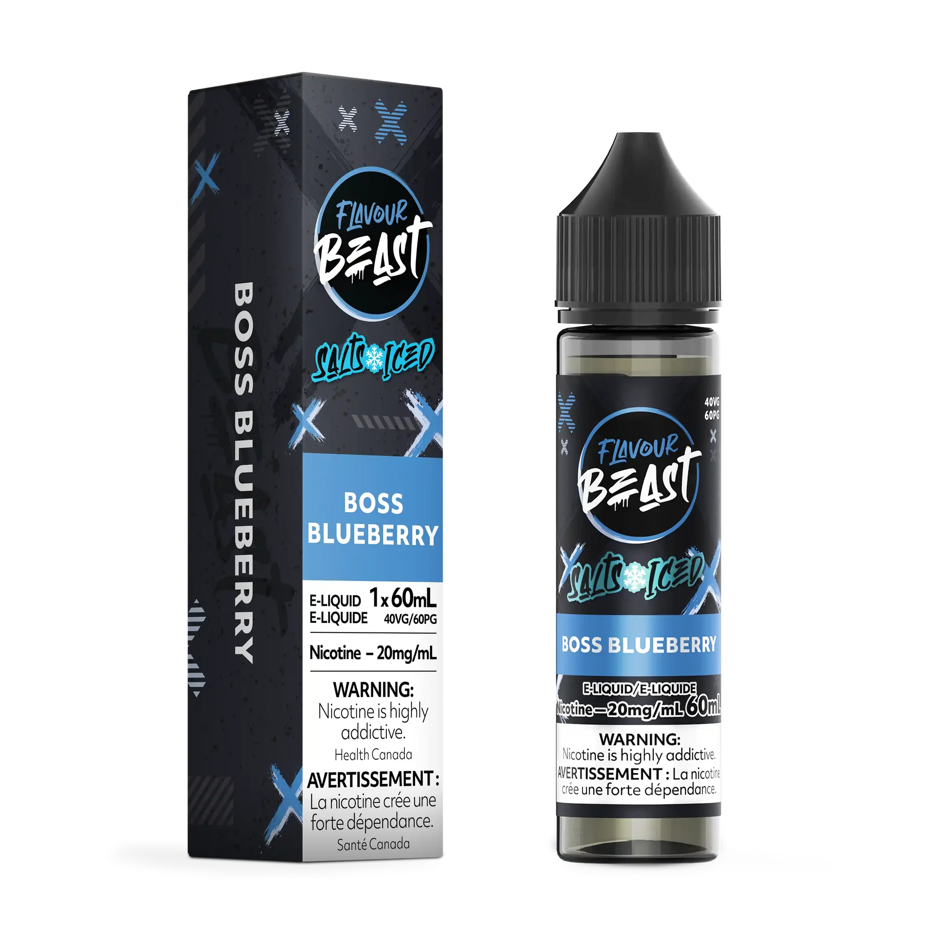 Flavour Beast Salt Boss Blueberry Iced e-liquid bottle and matching dark blue box with light blue accents.