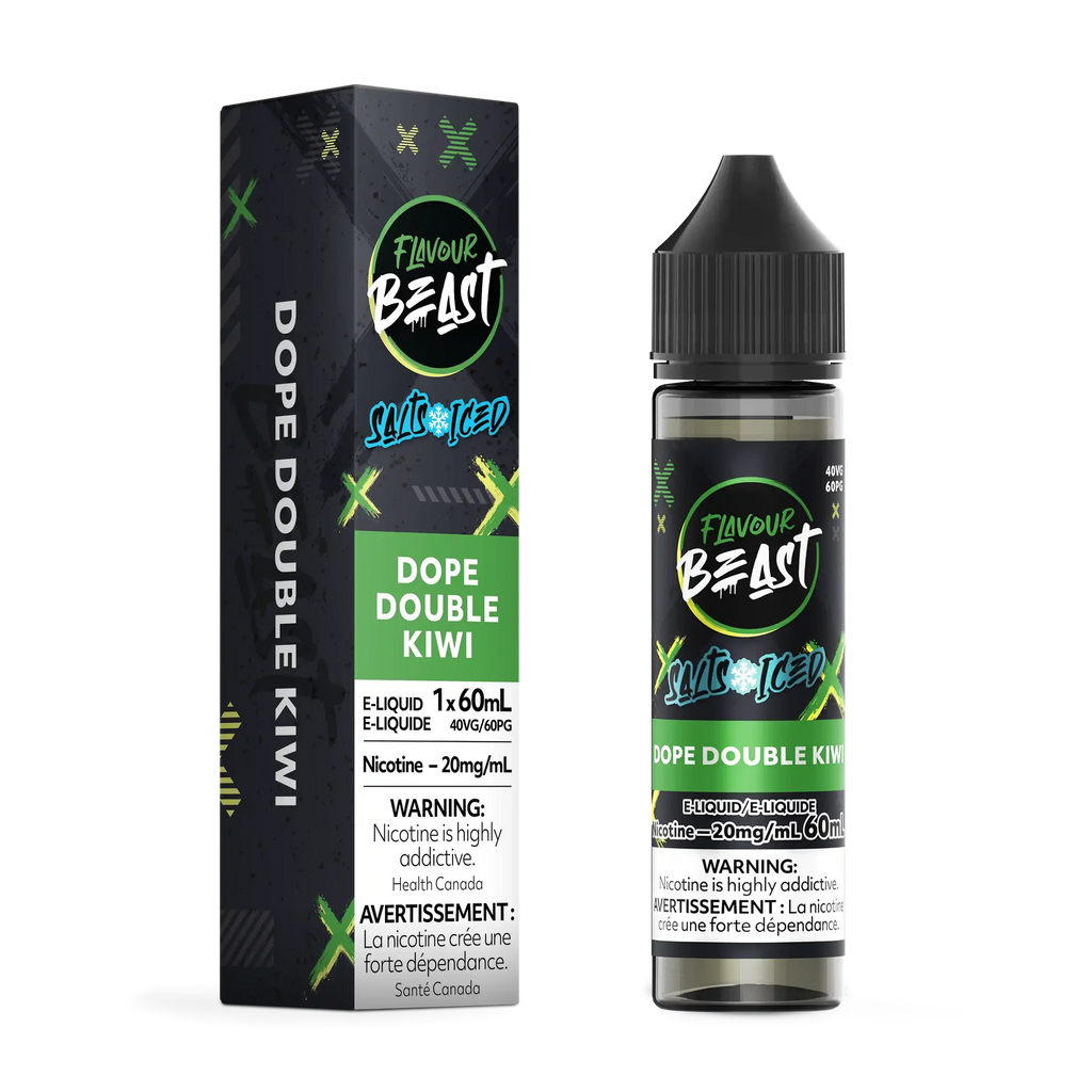 Flavour Beast Salt Dope Double Kiwi Iced e-liquid bottle and matching box, black with green accents.