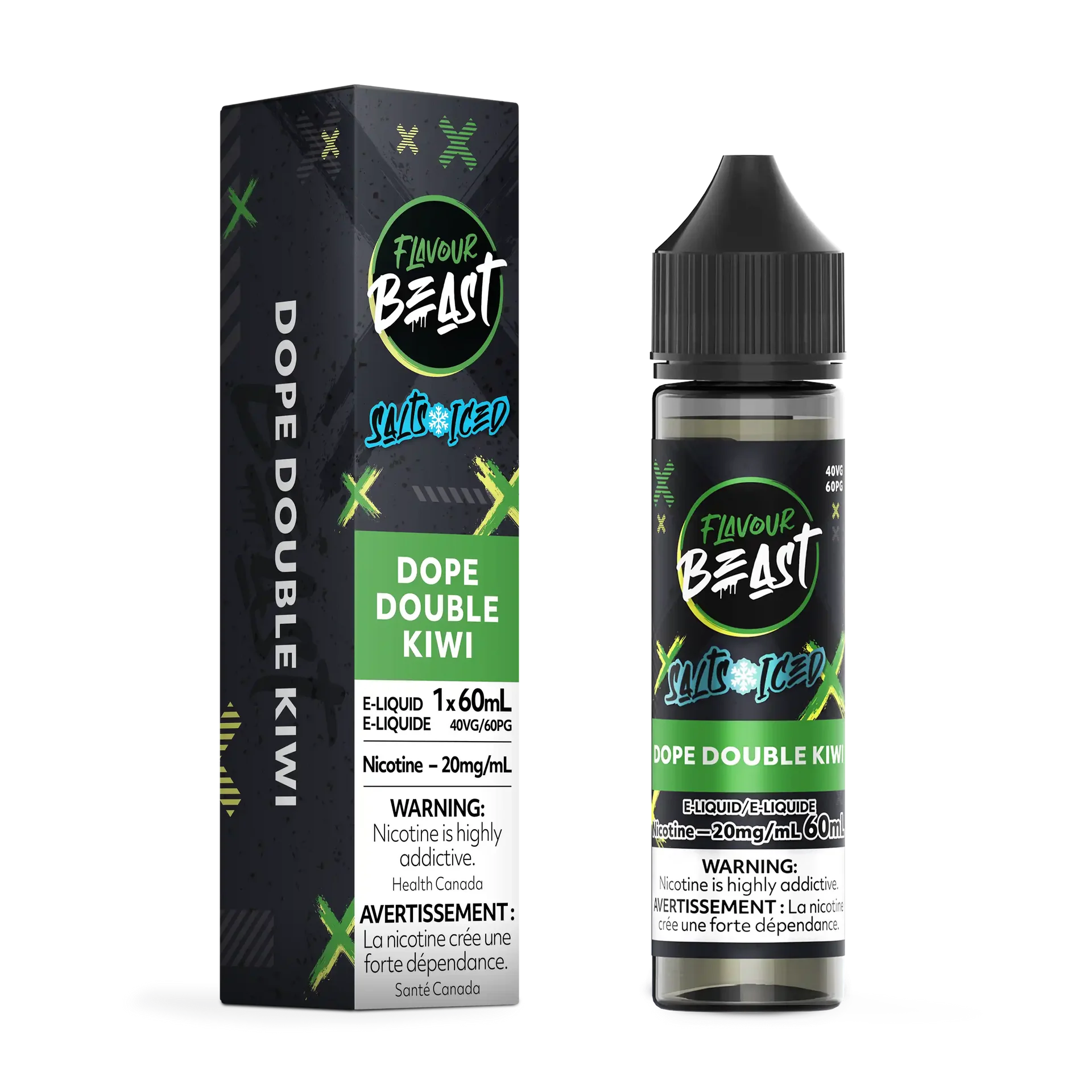 Flavour Beast Salt Dope Double Kiwi Iced e-liquid bottle and matching box, black with green accents.