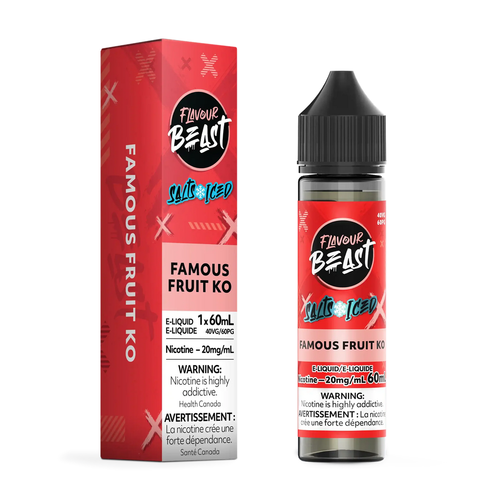 Flavour Beast Salt Famous Fruit KO Iced 60mL e-liquid bottle and red box with "20mg/mL" nicotine.
