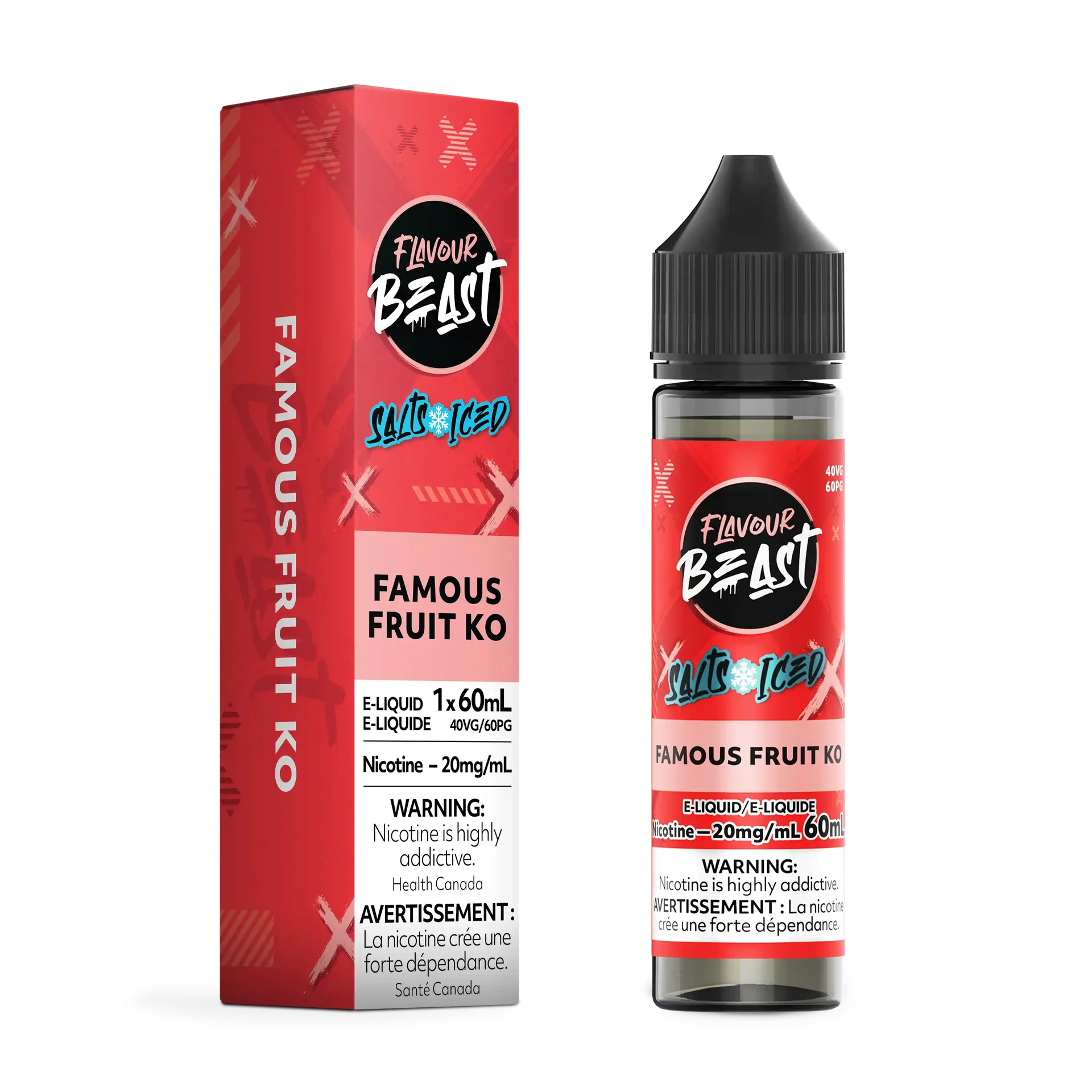 Flavour Beast Salt Famous Fruit KO Iced 60mL e-liquid bottle and red box with "20mg/mL" nicotine.
