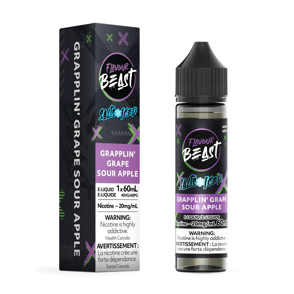 Flavour Beast Salt Grapplin' Grape Sour Apple Iced e-liquid box and bottle, black with purple and green accents.