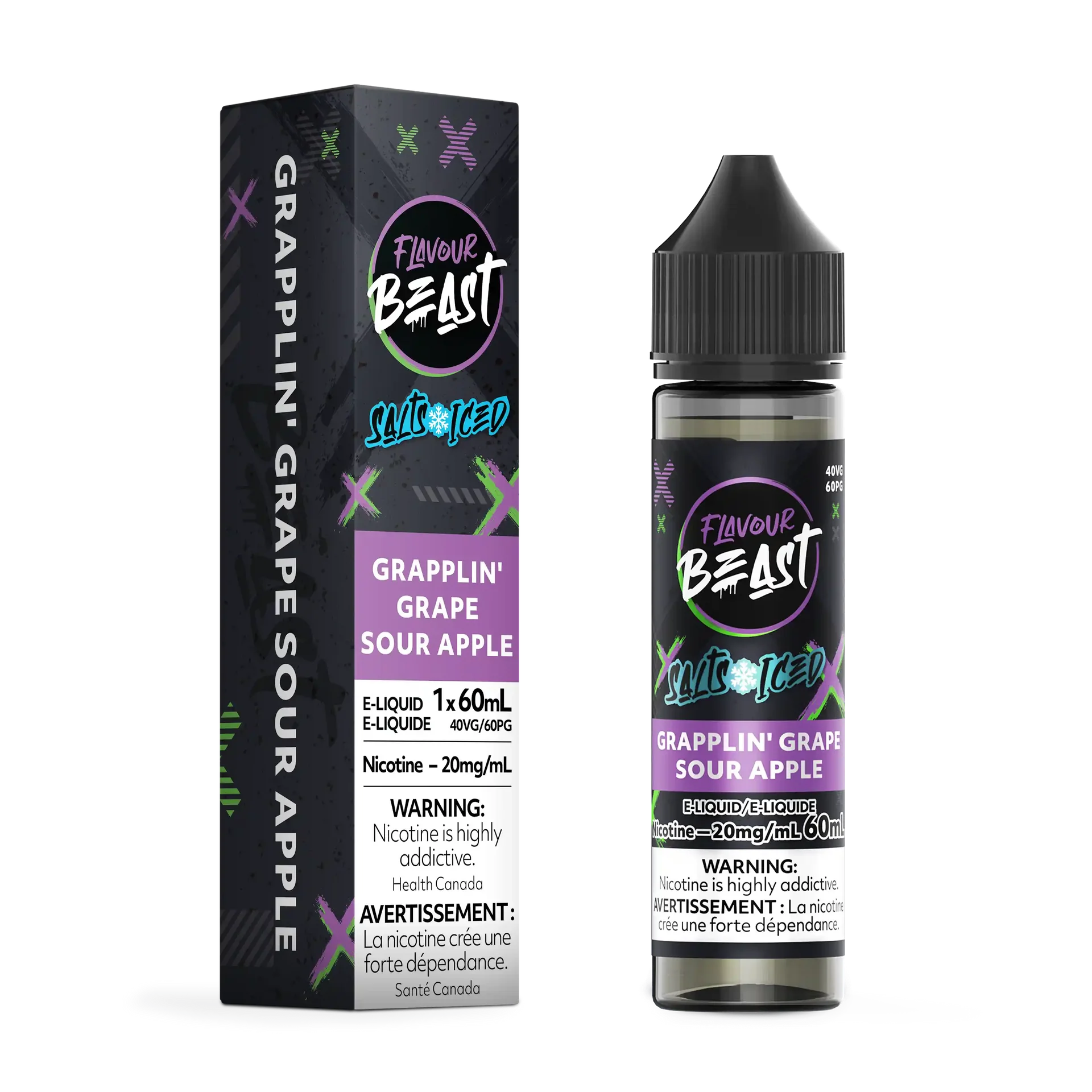 Flavour Beast Salt Grapplin' Grape Sour Apple Iced e-liquid box and bottle, black with purple and green accents.