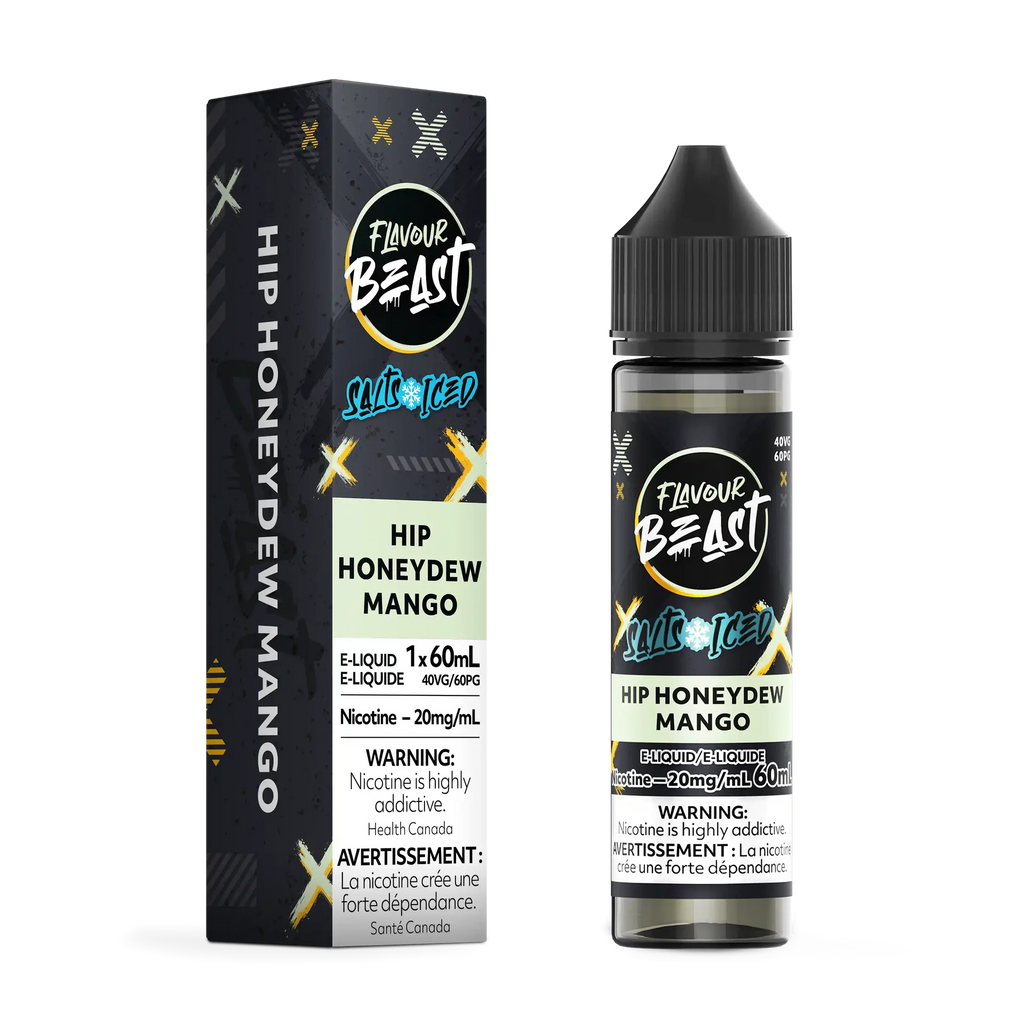 Flavour Beast Salt Hip Honeydew Mango Iced e-liquid bottle and matching black box with yellow accents.
