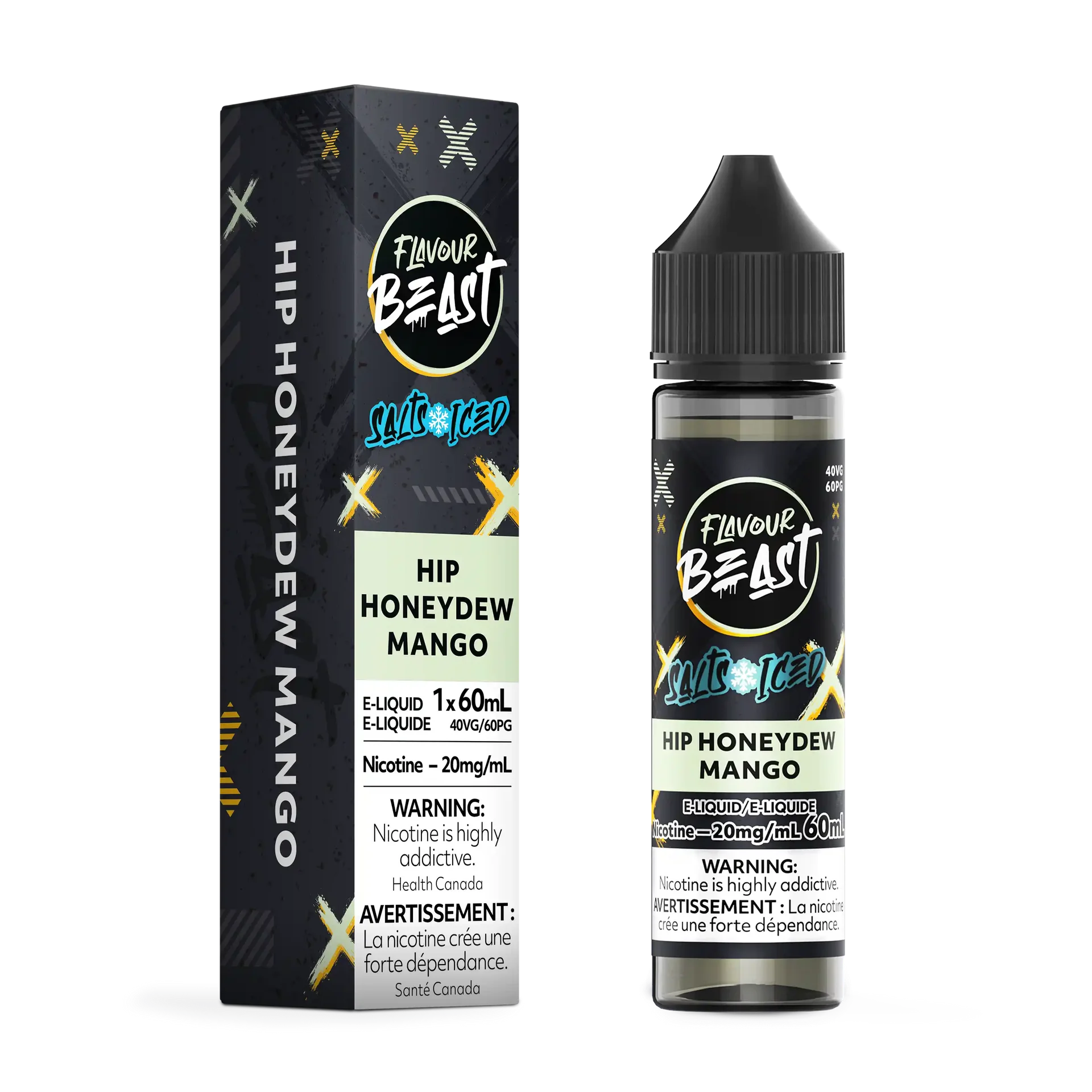 Flavour Beast Salt Hip Honeydew Mango Iced e-liquid bottle and matching black box with yellow accents.