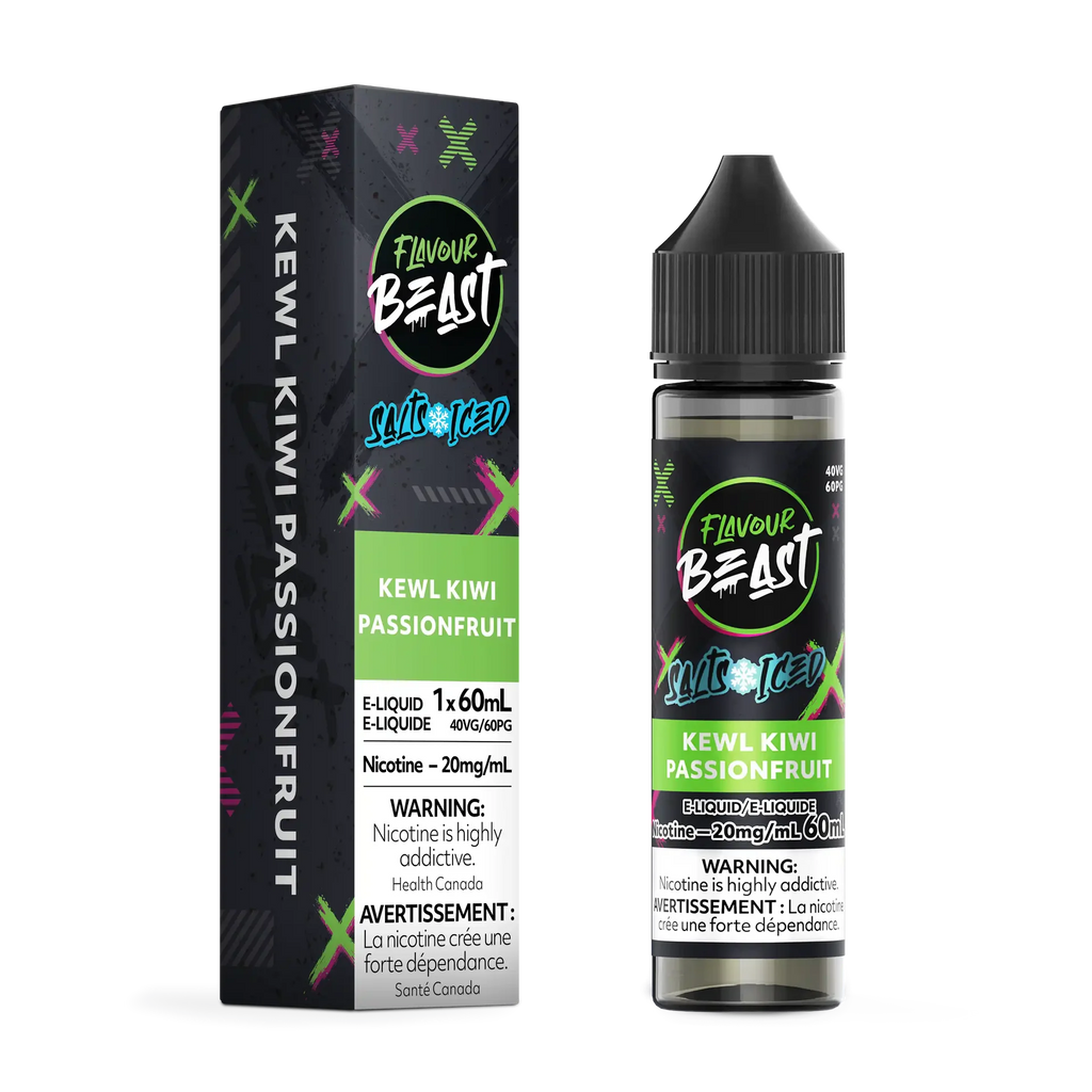 Kewl Kiwi Passionfruit Iced Flavour Beast Salt e-liquid bottle and box. Black bottle with green label, matching black box with green accents.