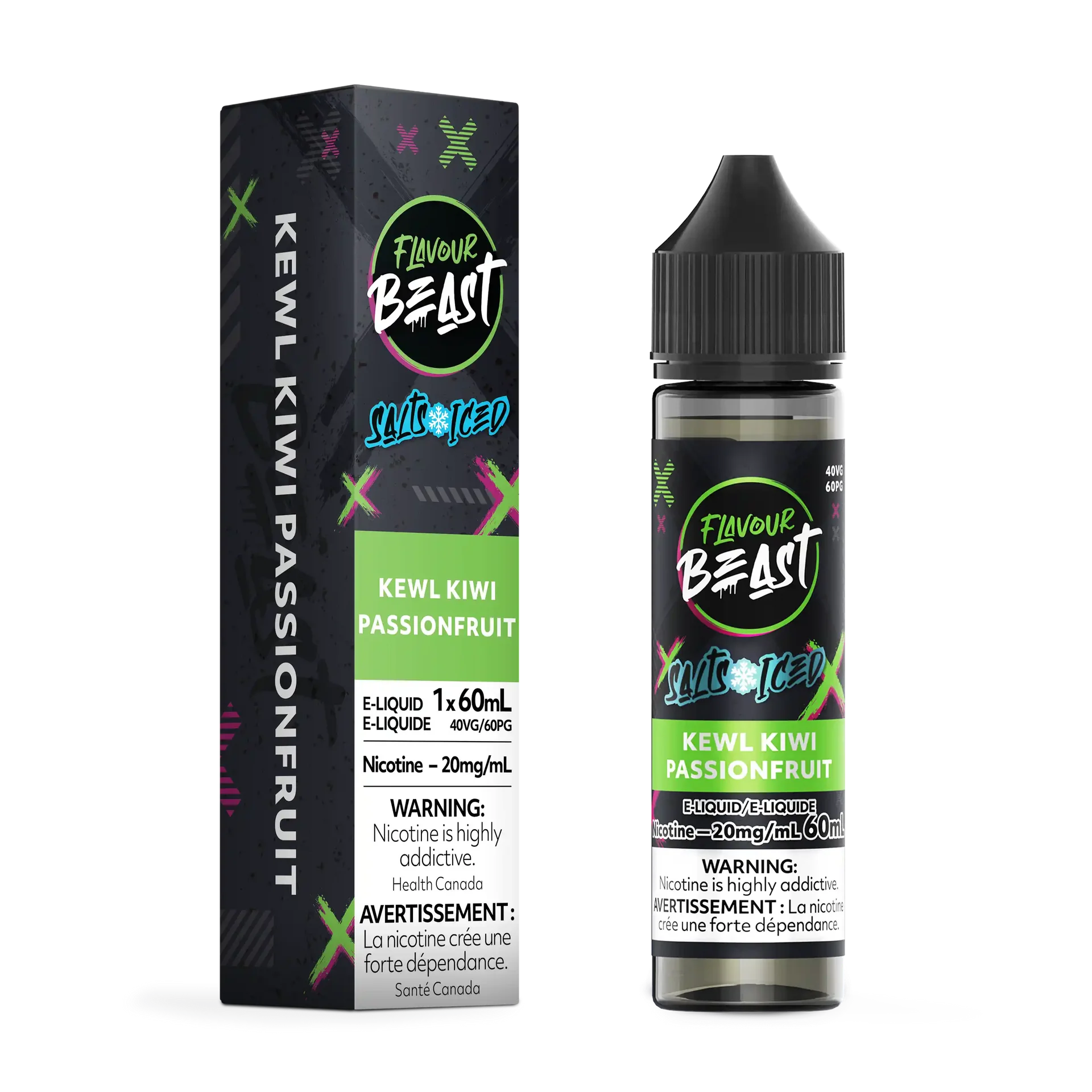 Kewl Kiwi Passionfruit Iced Flavour Beast Salt e-liquid bottle and box. Black bottle with green label, matching black box with green accents.