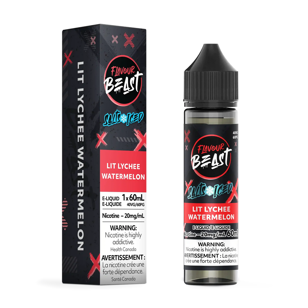 Flavour Beast Salt Lit Lychee Watermelon Iced e-liquid bottle and matching black and red box.