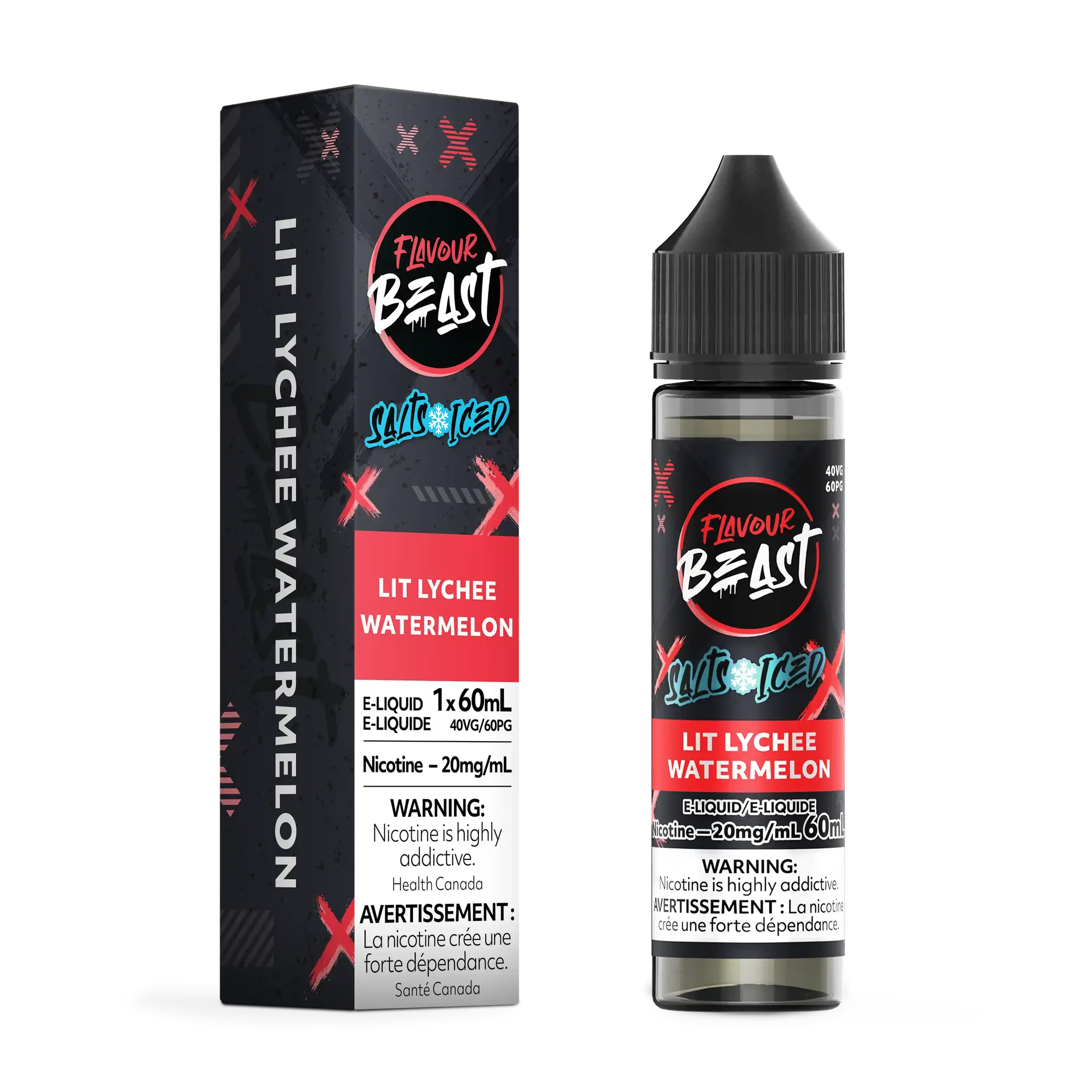 Flavour Beast Salt Lit Lychee Watermelon Iced e-liquid bottle and matching black and red box.