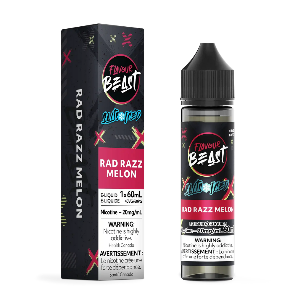 Flavour Beast Salt Rad Razz Melon e-liquid in a black 60ml bottle and matching box with pink and green accents.