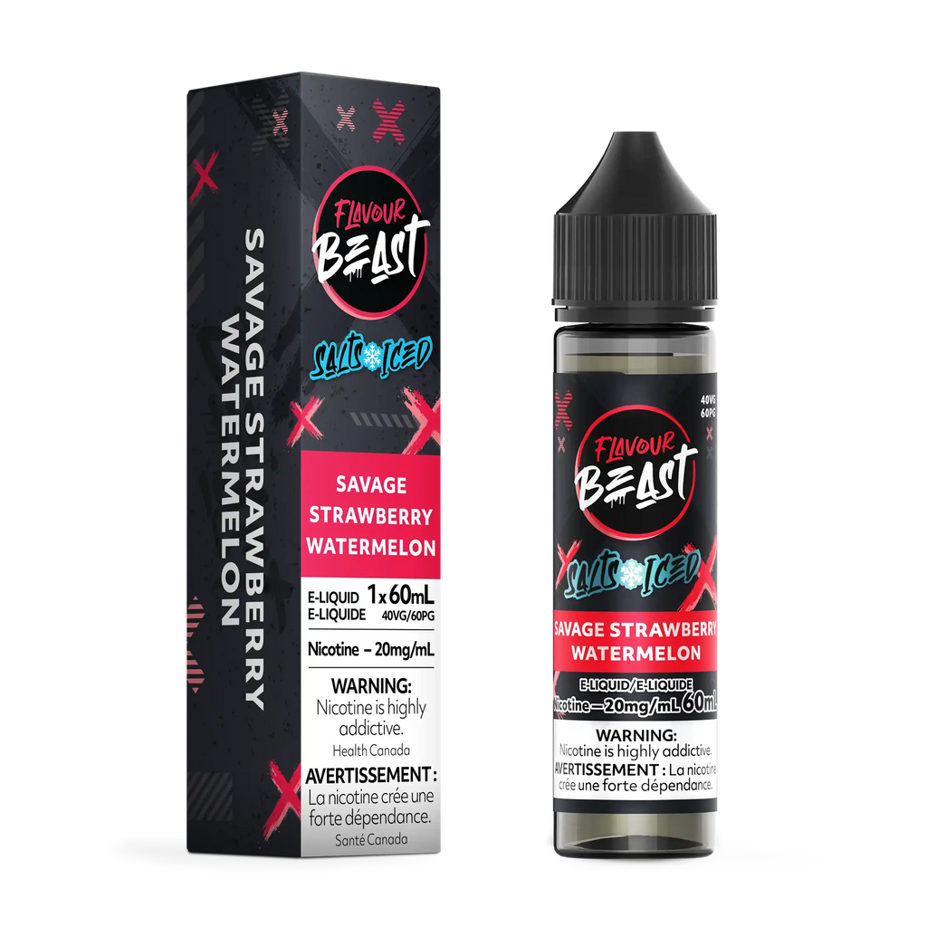 Flavour Beast Salt Savage Strawberry Watermelon Iced e-liquid bottle and box, black with red accents.