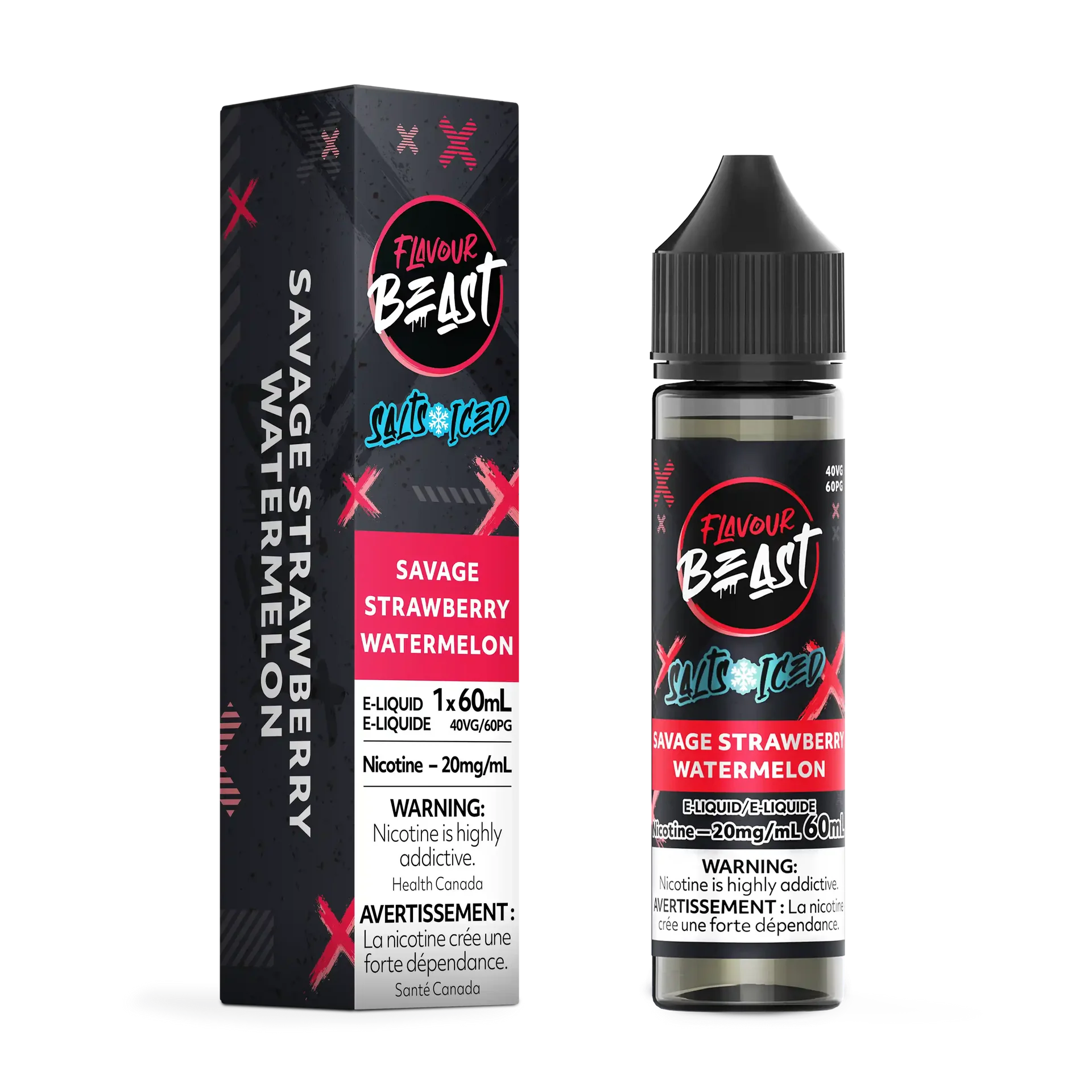 Flavour Beast Salt Savage Strawberry Watermelon Iced e-liquid bottle and box, black with red accents.