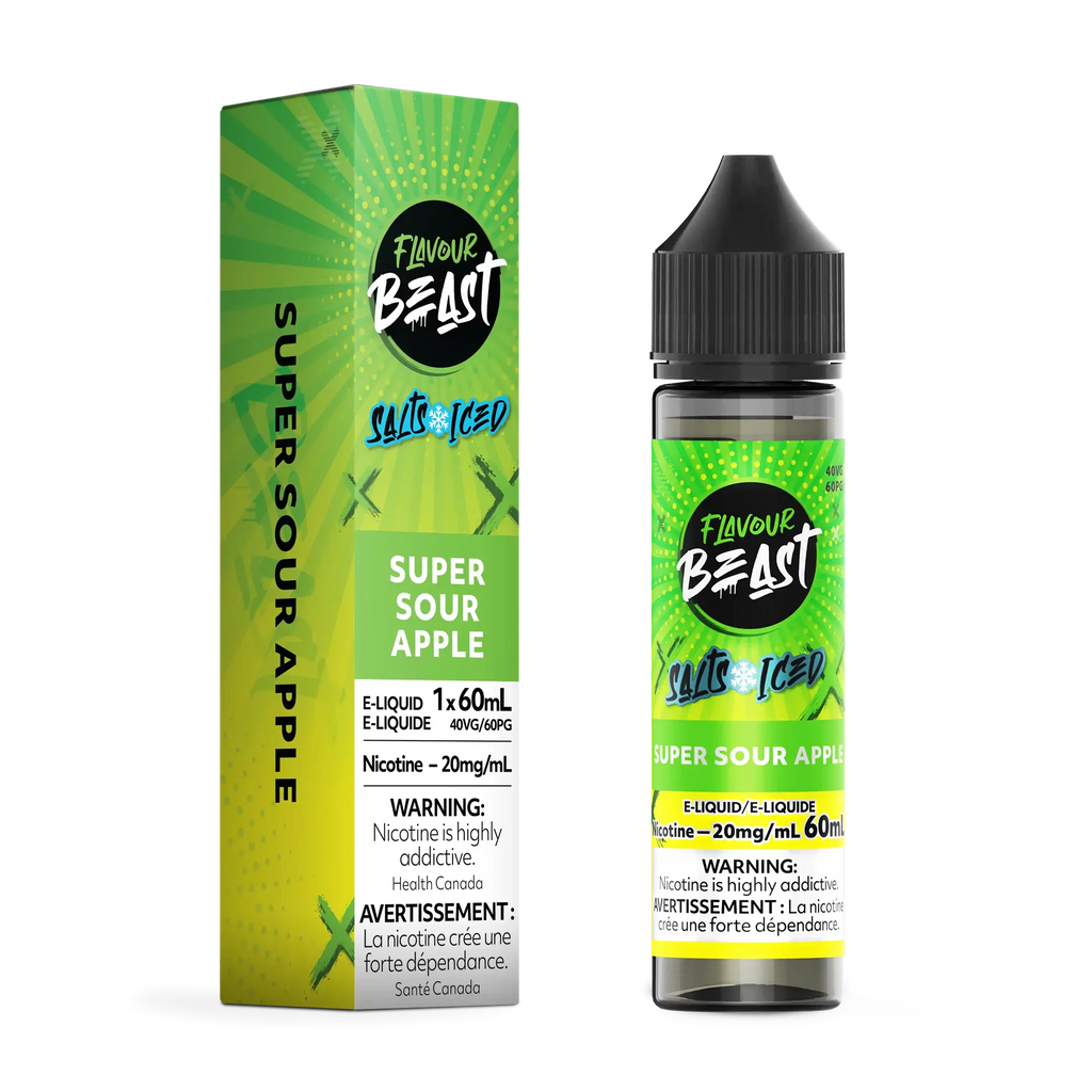 Flavour Beast Salt Super Sour Apple e-liquid in a green box and 60ml bottle with black cap.