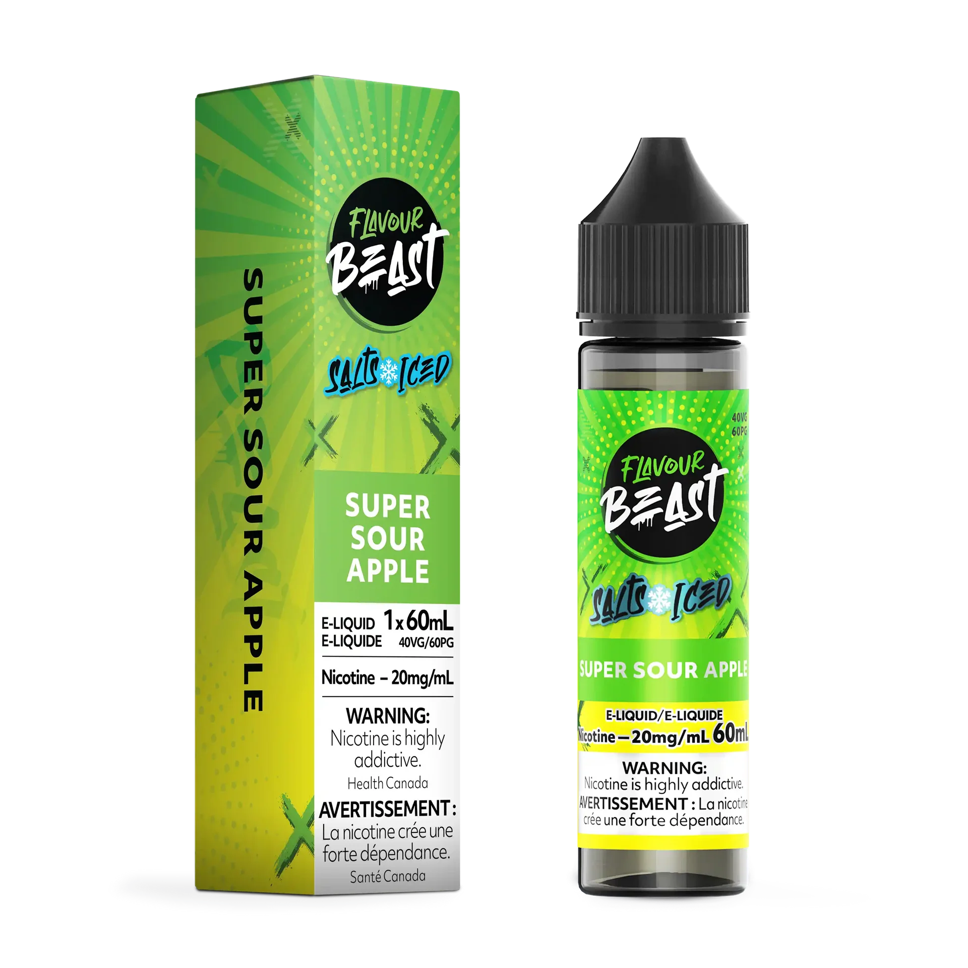 Flavour Beast Salt Super Sour Apple e-liquid in a green box and 60ml bottle with black cap.