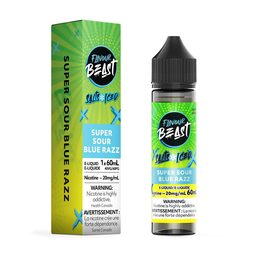 Flavour Beast Salt Super Sour Blue Razz e-liquid bottle and green box with blue accents.