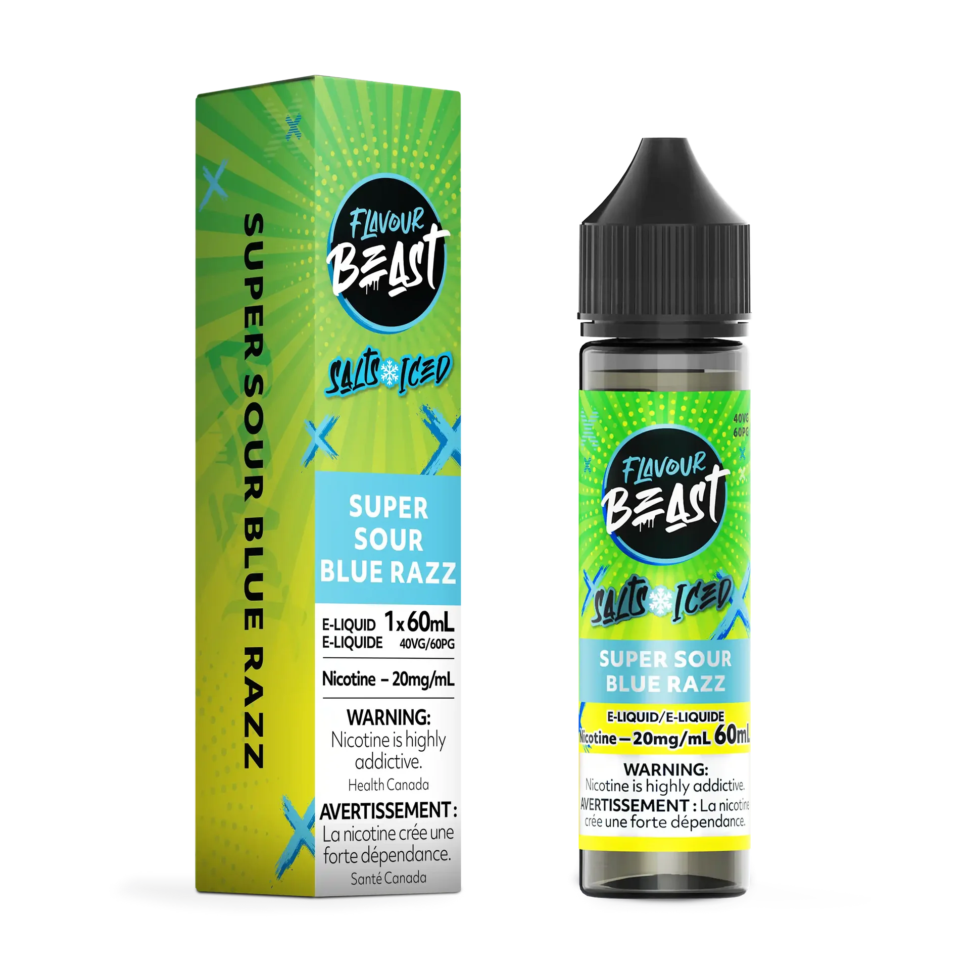 Flavour Beast Salt Super Sour Blue Razz e-liquid bottle and green box with blue accents.