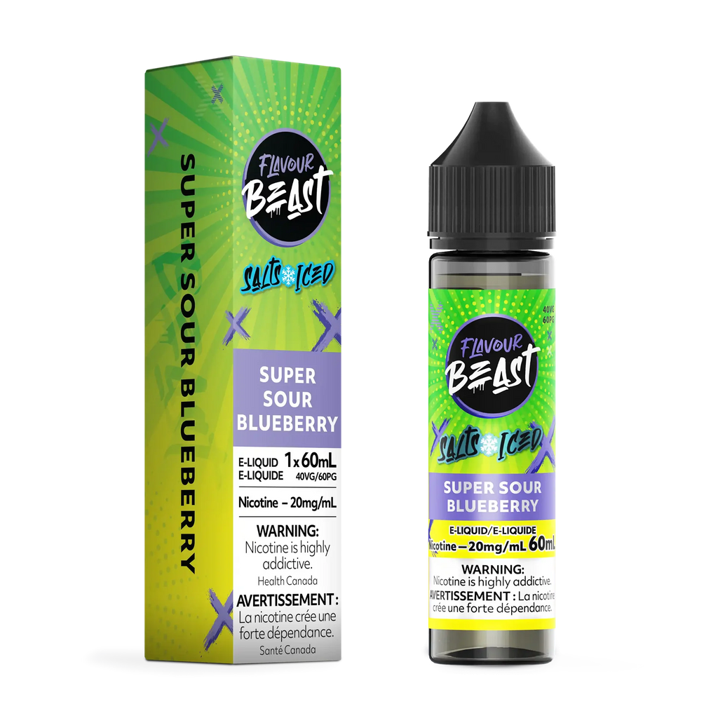 Flavour Beast Salt Super Sour Blueberry Iced e-liquid bottle and green box with purple accents.